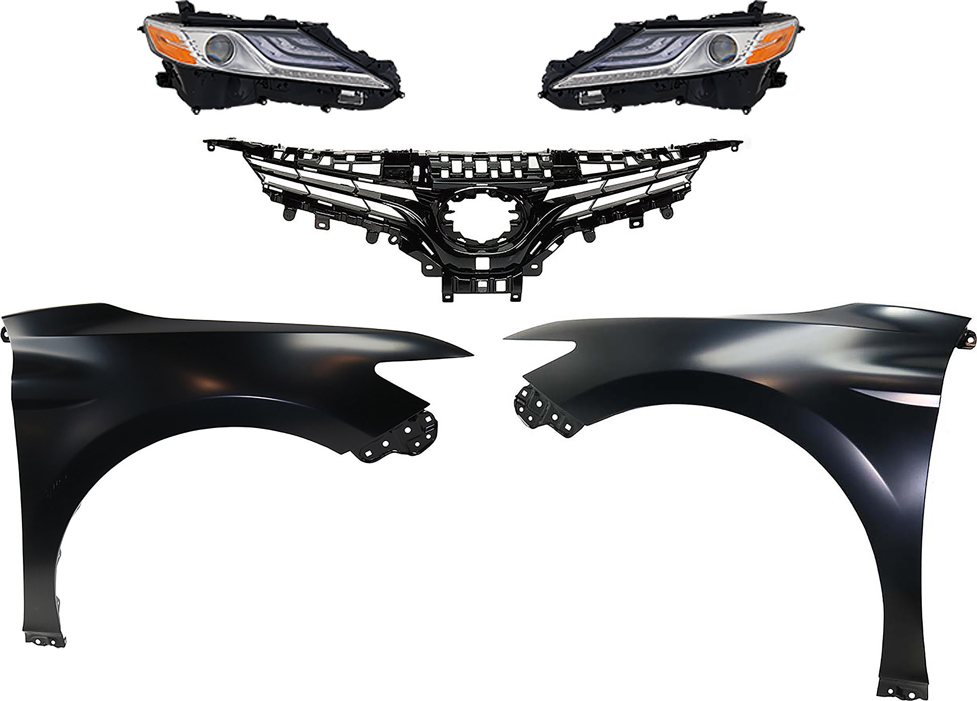 AM CAMRY 18-18 HEAD LAMP RH AND LH Assembly 5 pc Kit with Fenders and Grille Assembly SKU KIT 031323-97 Partslink TO2502256 TO2503256 TO1240266 TO1241266 TO1200421 OEM 8115006D70-8111006D70-53802061