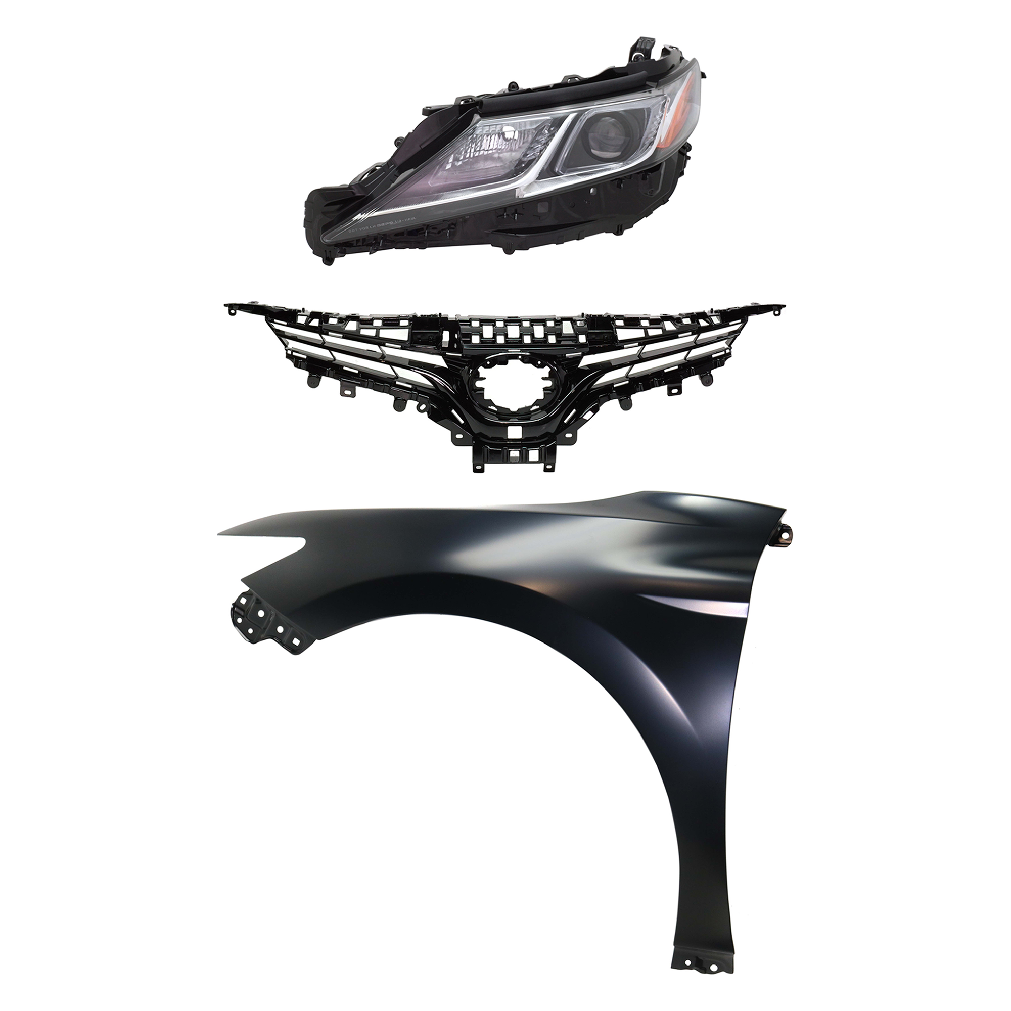AM CAMRY 18-18 HEAD LAMP LH Assembly LED 3 pc Kit with Fender and Grille Assembly SKU KIT 031323-9802 Partslink TO2518194 TO1240266 TO1200421 OEM 8117033D00-5380206180-5310106A