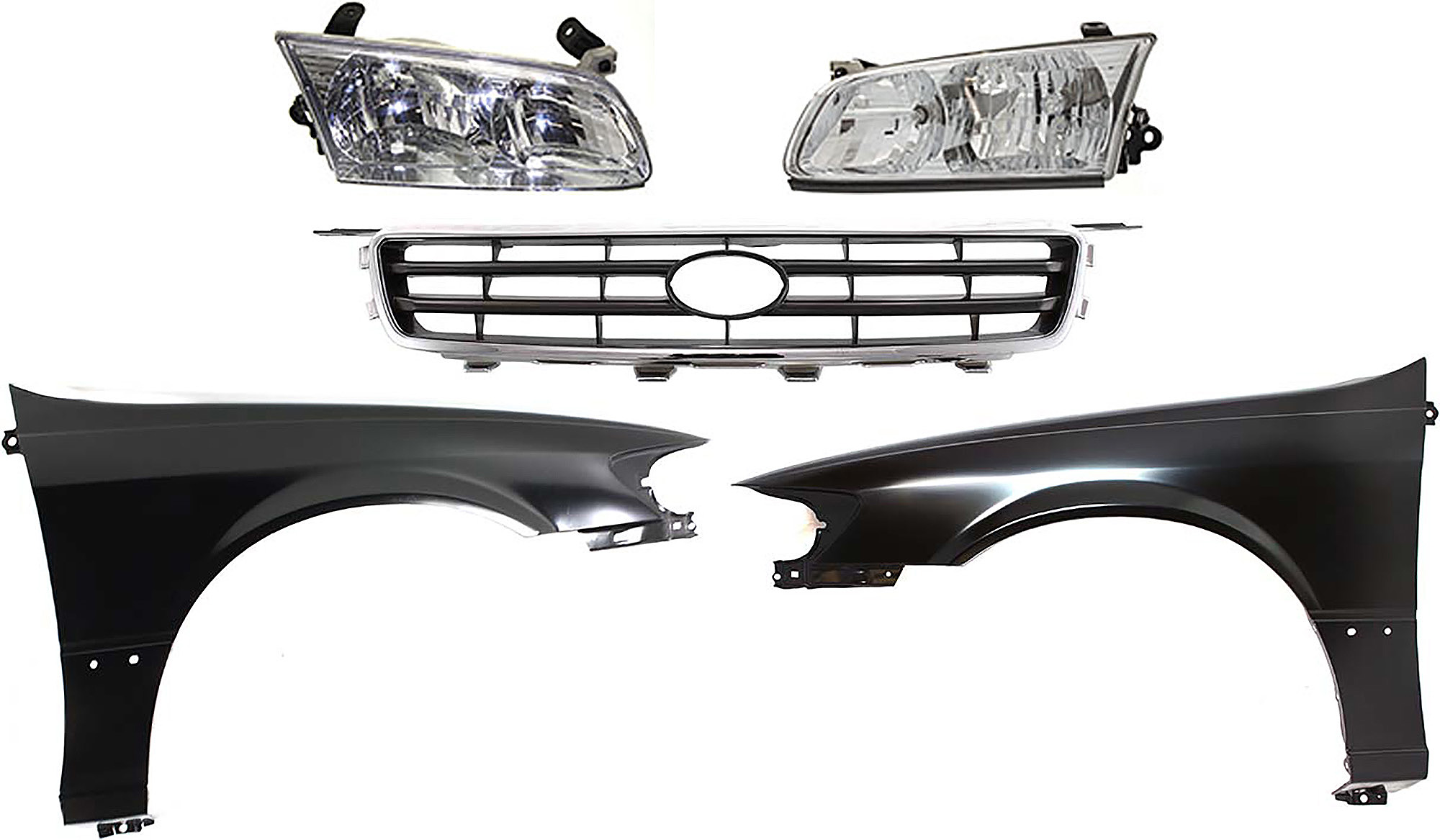 AM CAMRY 00-01 HEAD LAMP RH AND LH Assembly Halogen 5 pc Kit with Fenders and Grille Assembly CAPA SKU KIT 031323-99 Partslink TO1200225 TO1240162C TO1241162C TO2502130C TO2503130C OEM 53111AA020-53811AA020-53812AA0