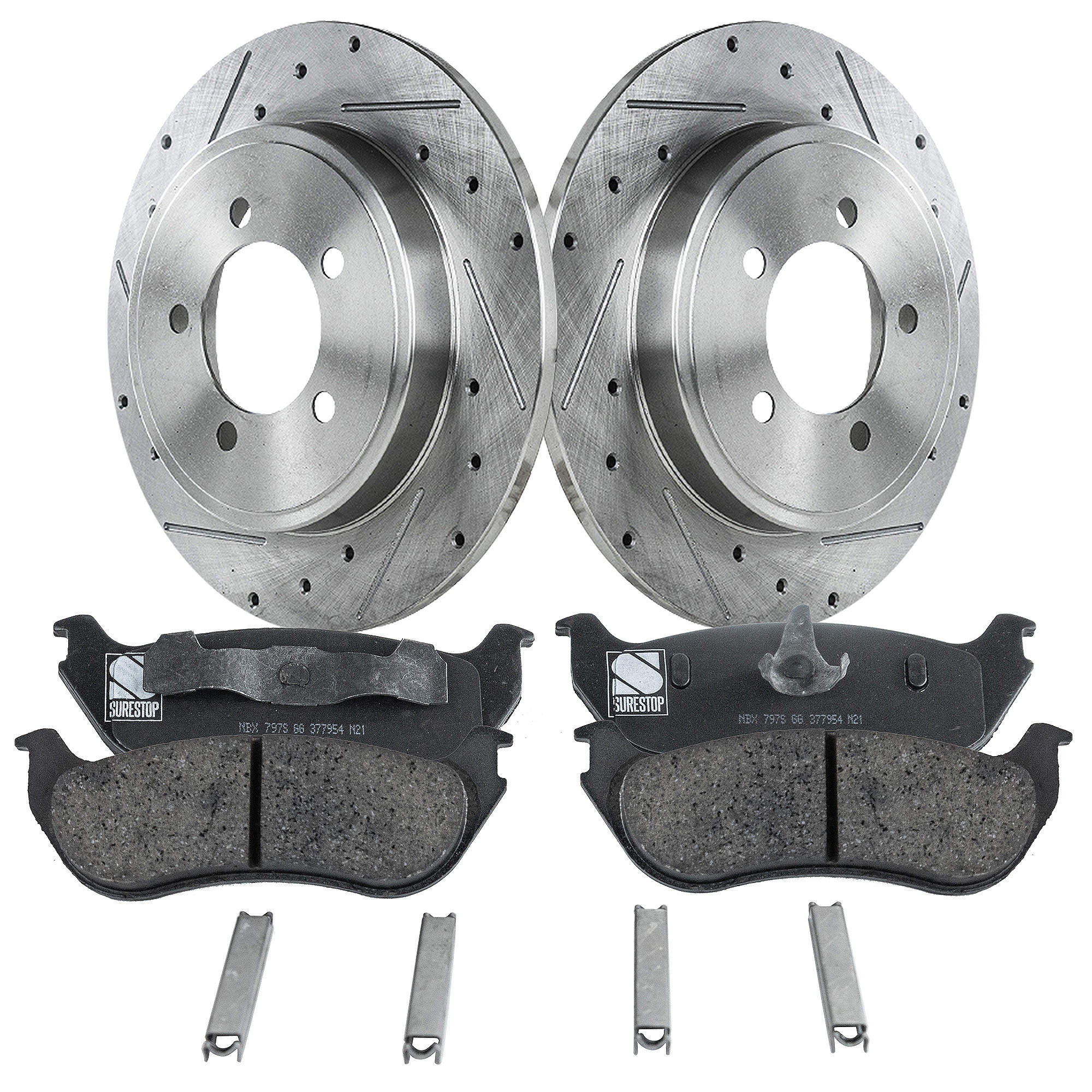 AM EXPLORER MOUNTAINEER 02-10 REAR BRAKE DISC AND PAD KIT 2 Wheel Set Cross drilled and Slotted SKU KIT 031423-02 OEM 1L2Z2200AA 2L2Z2200AA 6L2Z2200