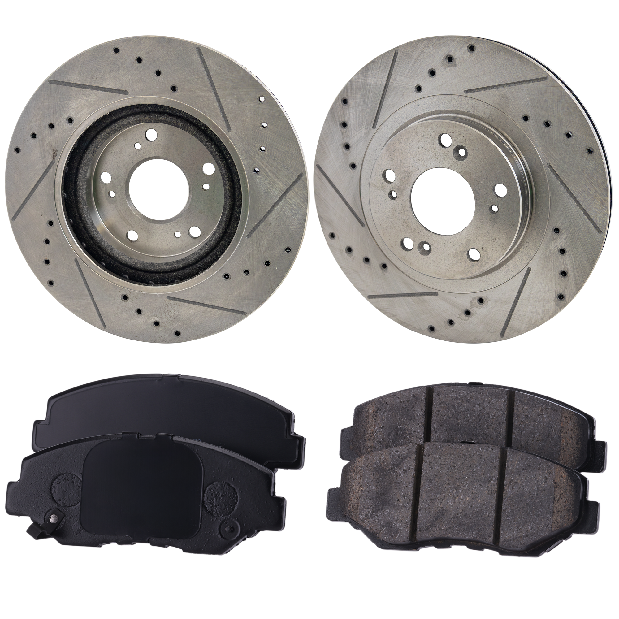 AM CR V 05-06 CIVIC 12-15 FRONT BRAKE DISC AND PAD KIT 4 pc Kit Cross drilled and Slotted SKU KIT 031423-06 OEM 19373-31347-31381-145557-60059