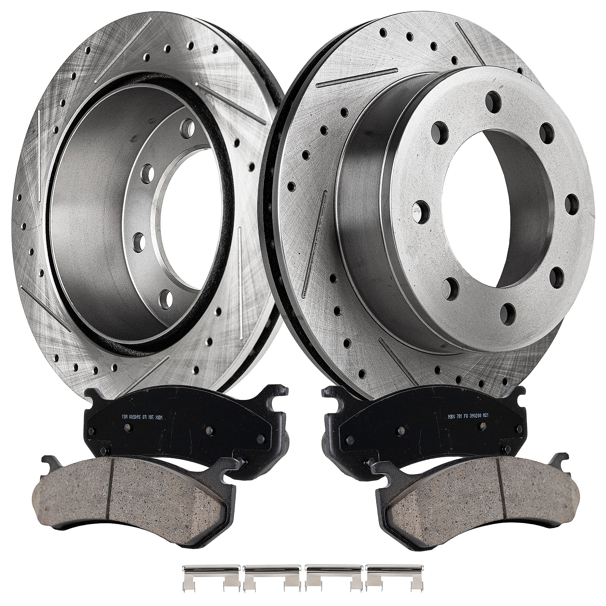 AM SILVERADO SIERRA 99-10 REAR BRAKE DISC AND PAD KIT 2 Wheel Set Cross drilled and Slotted Silverado Sierra 3500-9900 Lb GVW SKU KIT 031423-09 OEM 19952-55055-56828-86828-101008