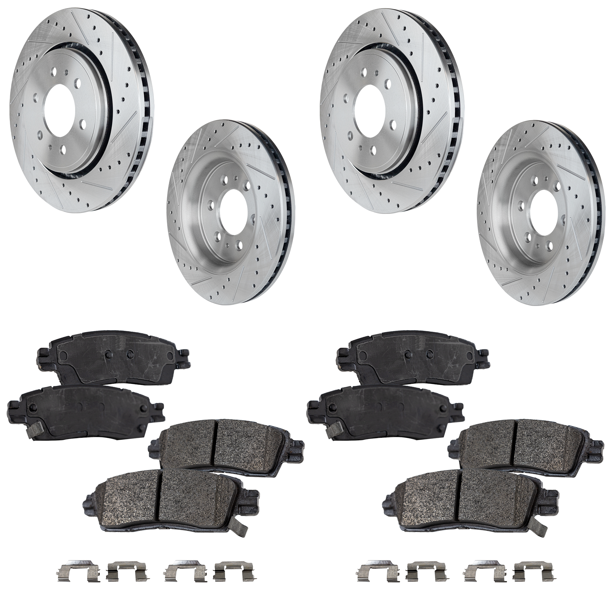 AM OUTLOOK 10-10 TRAVERSE 11-11 REAR BRAKE DISC AND PAD KIT 4 pc kit Cross drilled and Slotted SKU KIT 031423-13 OEM 41233-55151-60438-580569-90037