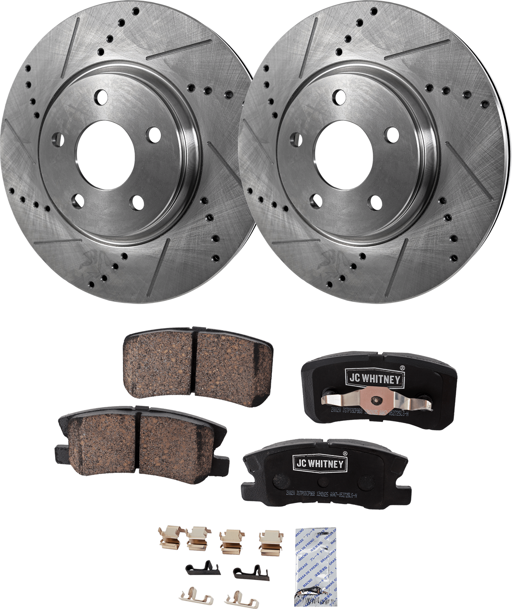 AM SEBRING 09-10 PATRIOT 09-17 REAR BRAKE DISC AND PAD KIT 4 pc kit Cross drilled and Slotted SKU KIT 031423-17 OEM 43172-53043-900750-60039024-53