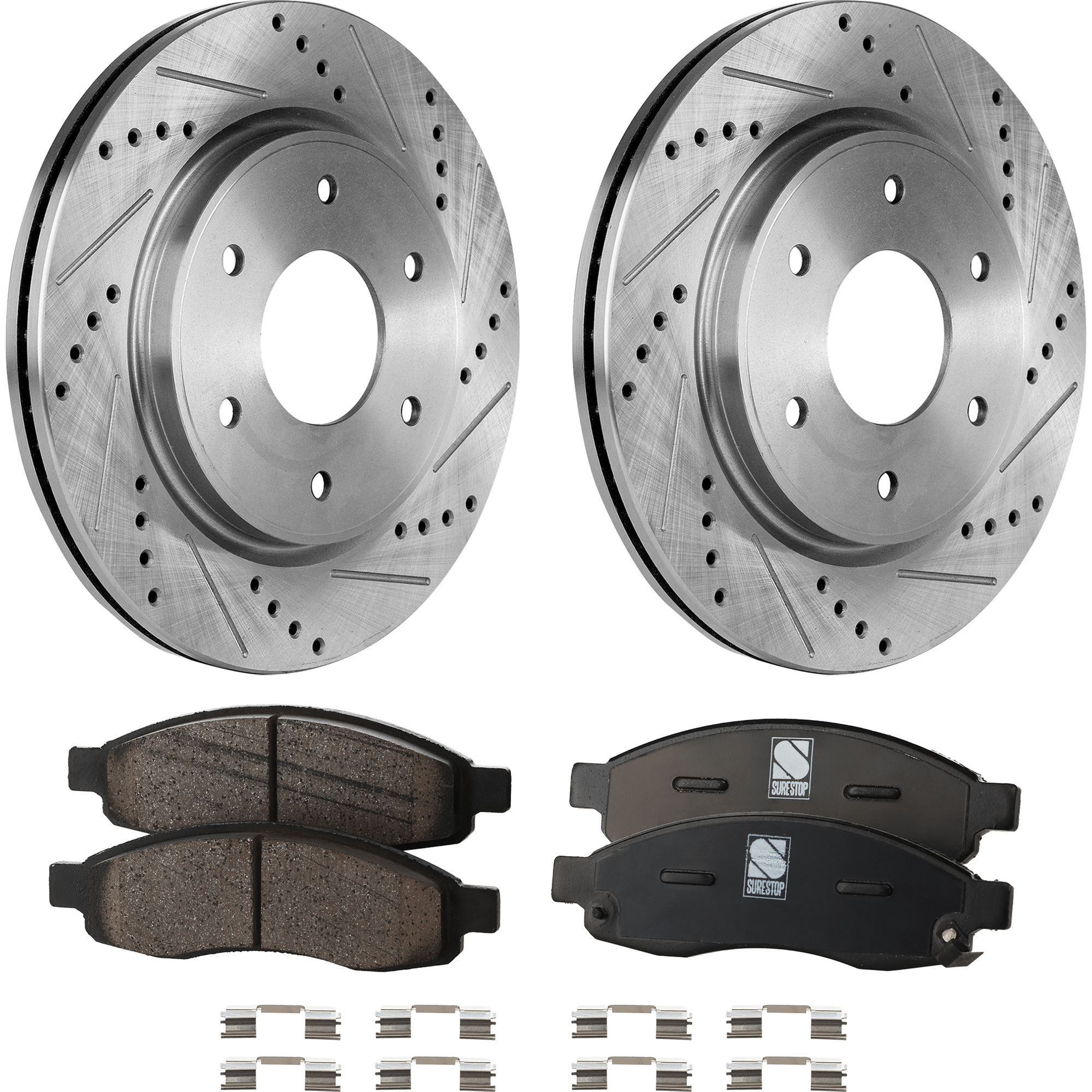 AM QX56 ARMADA 05-05 FRONT BRAKE DISC AND PAD KIT 2 Wheel Set Cross drilled and Slotted SKU KIT 031423-21 OEM 31-425-445-736-030-100-000-000-000