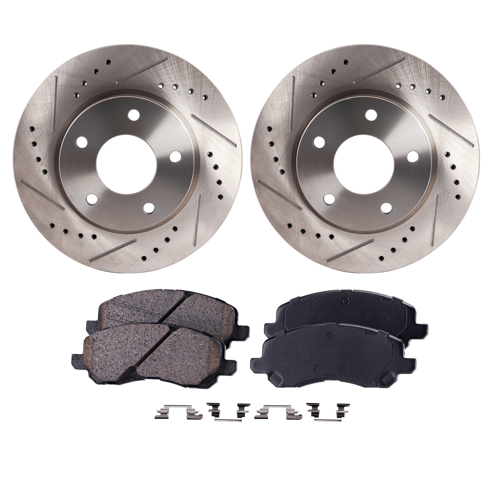 AM LANCER 08-11 FRONT BRAKE DISC AND PAD KIT 2 Wheel Set Cross drilled and Slotted SKU KIT 031423-30 OEM 43152-53037-96931-780458-90059