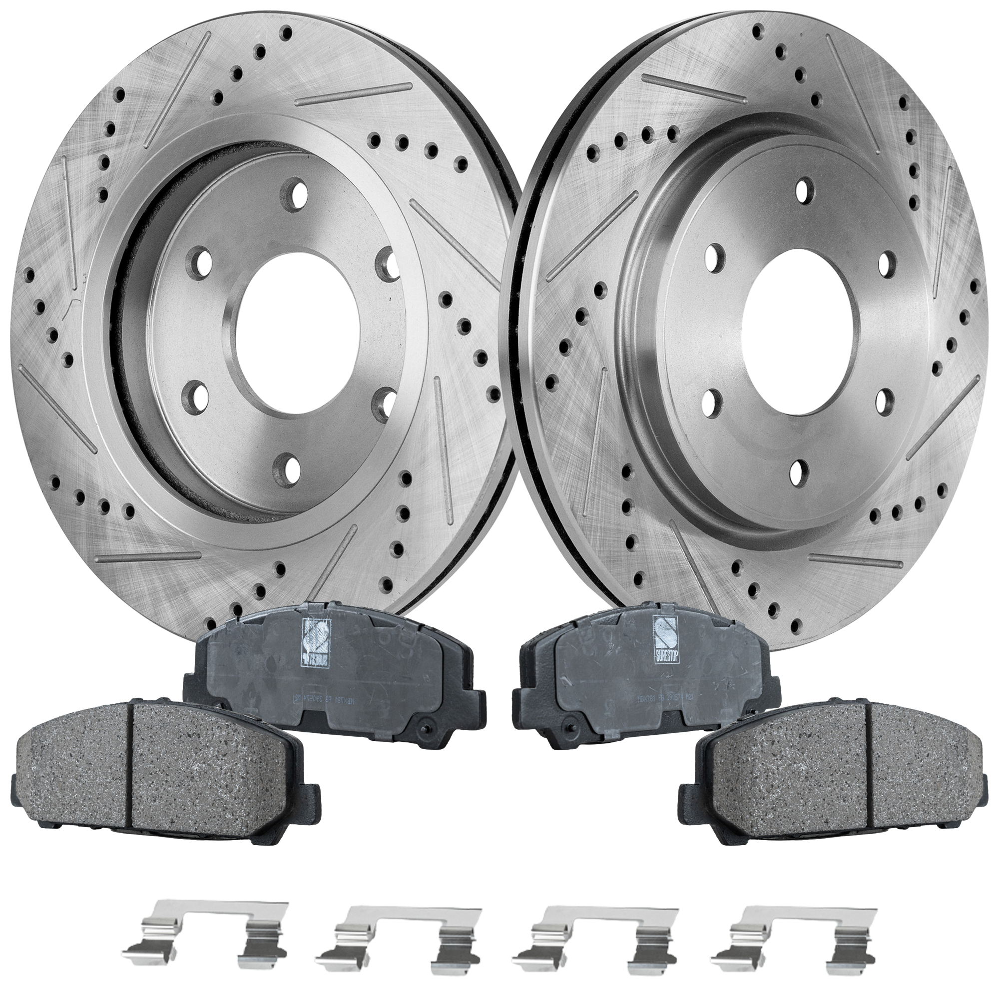 AM QX56-06-06 FRONT BRAKE DISC AND PAD KIT 4 pc kit Cross drilled and Slotted SKU KIT 031423-43 OEM 31425-44573-60301-900286-98042