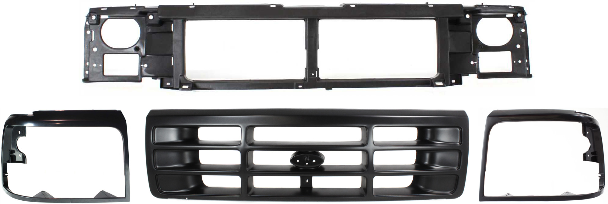 AM BRONCO 92-96 F SERIES 92-97 HEADER PANEL 4 pc Kit with Grille and Headlight Doors SKU KIT 031817-01 Partslink FO1220113 FO1200172 FO2512131 FO2513135 OEM F6TZ8A284AC F6TZ8200AAA F3TZ13