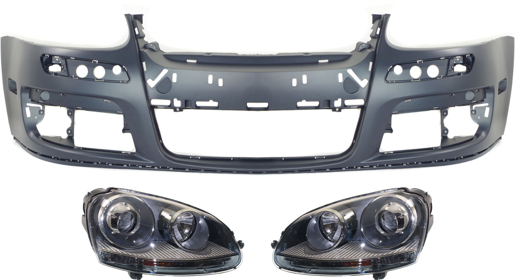 AM GTI 06-07 JETTA 05-10 HEAD LAMP RH AND LH Lens and Housing HID Xenon 3 pc Kit w Bumper Cover SKU KIT 031818-07 Partslink VW2503133 VW2502133 VW1000161 OEM 1K6941040B 1K6941039B 1K080721