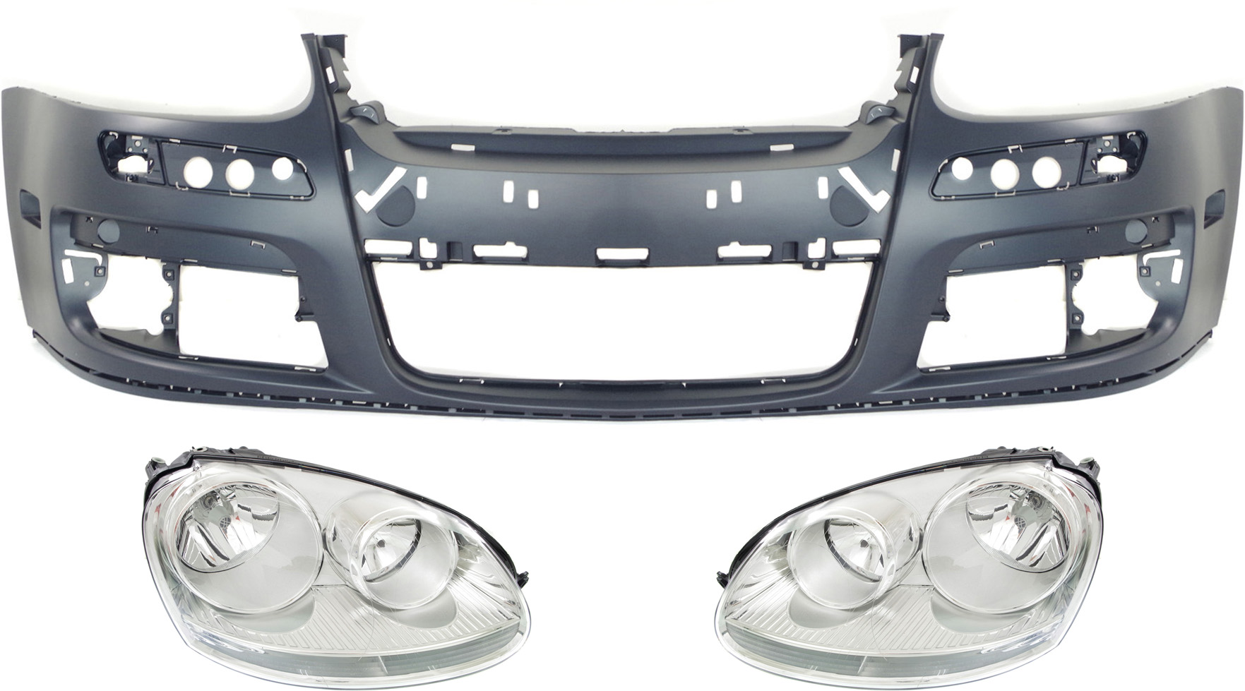 AM GTI 06-07 JETTA 05-10 HEAD LAMP RH AND LH Assembly Halogen 3 pc Kit w Bumper Cover SKU KIT 031818-08 Partslink VW2503127 VW2502127 VW1000161 OEM 1K6941006S 1K6941005S 1K080721