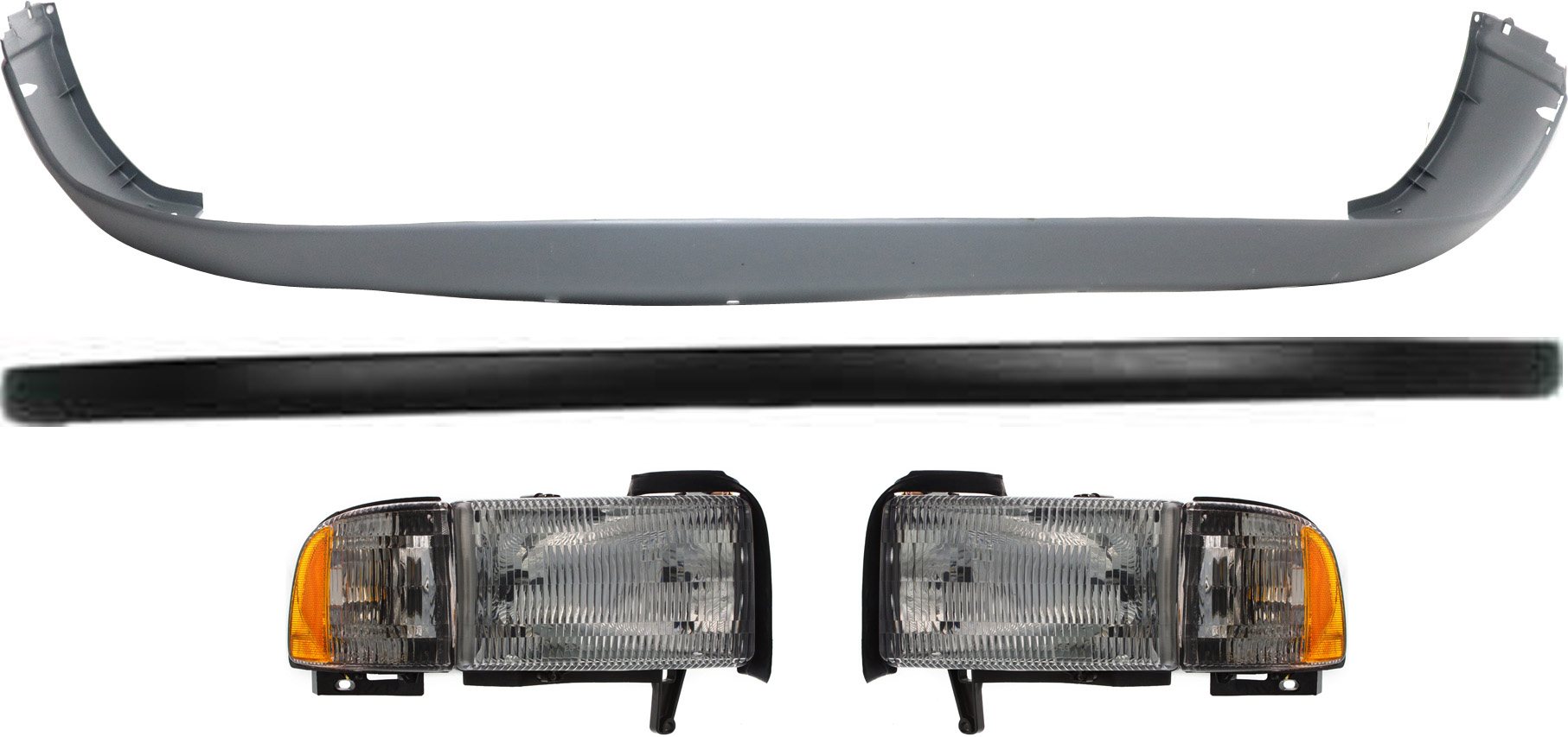 AM DODGE FULL SIZE PICKUP 94-02 HEAD LAMP RH AND LH Assembly Halogen 4 pc Kit with Bumper Covers SKU KIT 031818-13 Partslink CH2502101 CH2503101 CH1000232 CH1000160 OEM 55076748AD 55076748AO 55076749