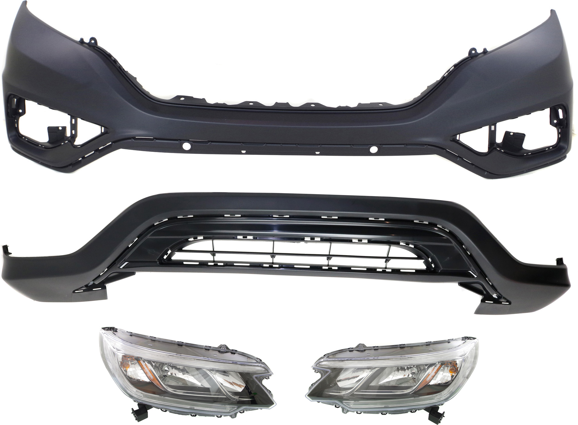 AM CR V 15-16 HEAD LAMP RH AND LH Assembly Halogen 4 pc Kit with Bumper Covers SKU KIT 031818-34 Partslink HO2503161 HO2502161 HO1015111 HO1014102 OEM 33100T1WA01-33150T1WA01-04712T