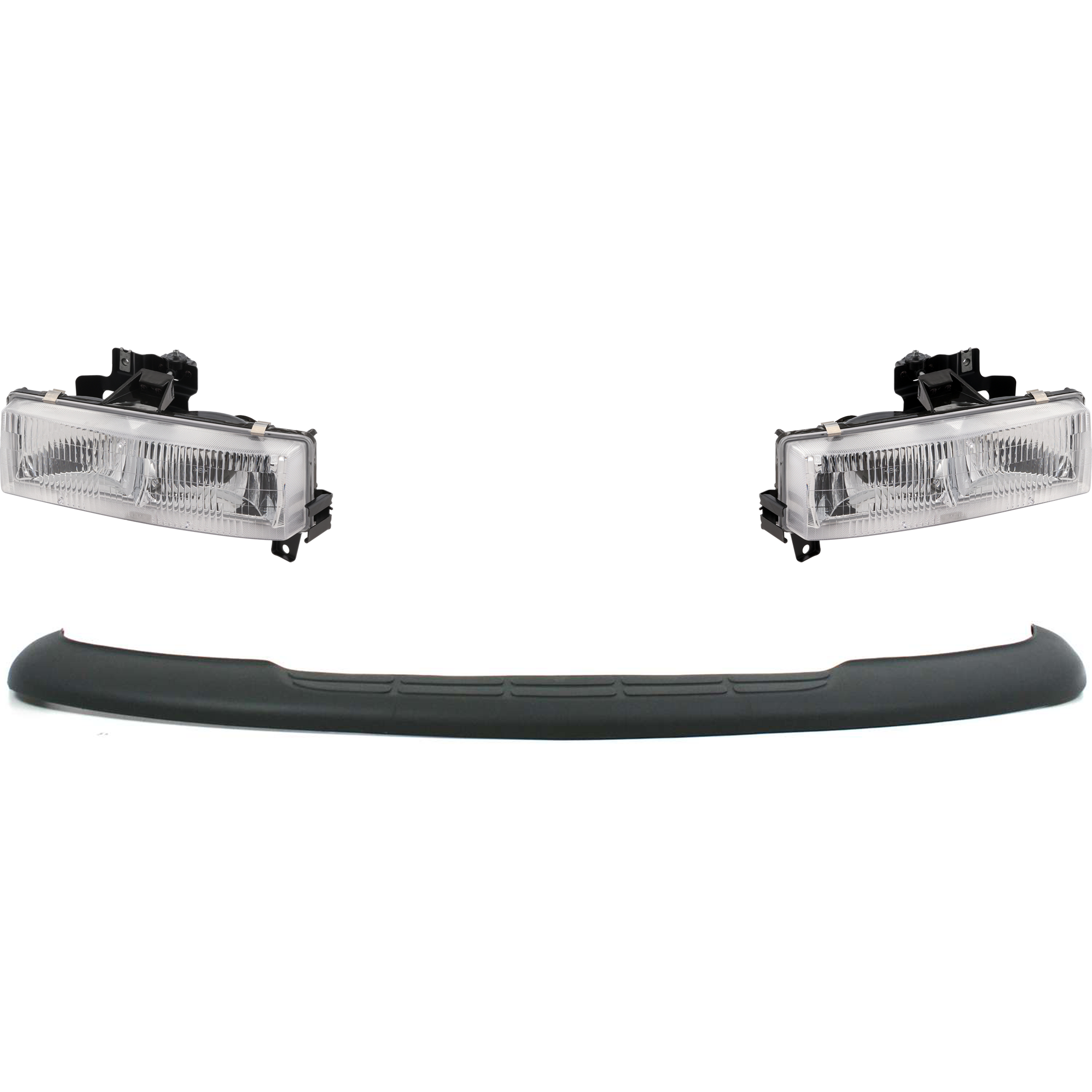 AM EXPRESS 3500 EXPRESS 1500-96-02 FRONT BUMPER COVER Upper 3 pc Kit Primed Bumper Strip with Headlight SKU KIT 032025-12 Partslink GM1057488 GM2502176 GM2503176 OEM 15970764-16522159-16522160