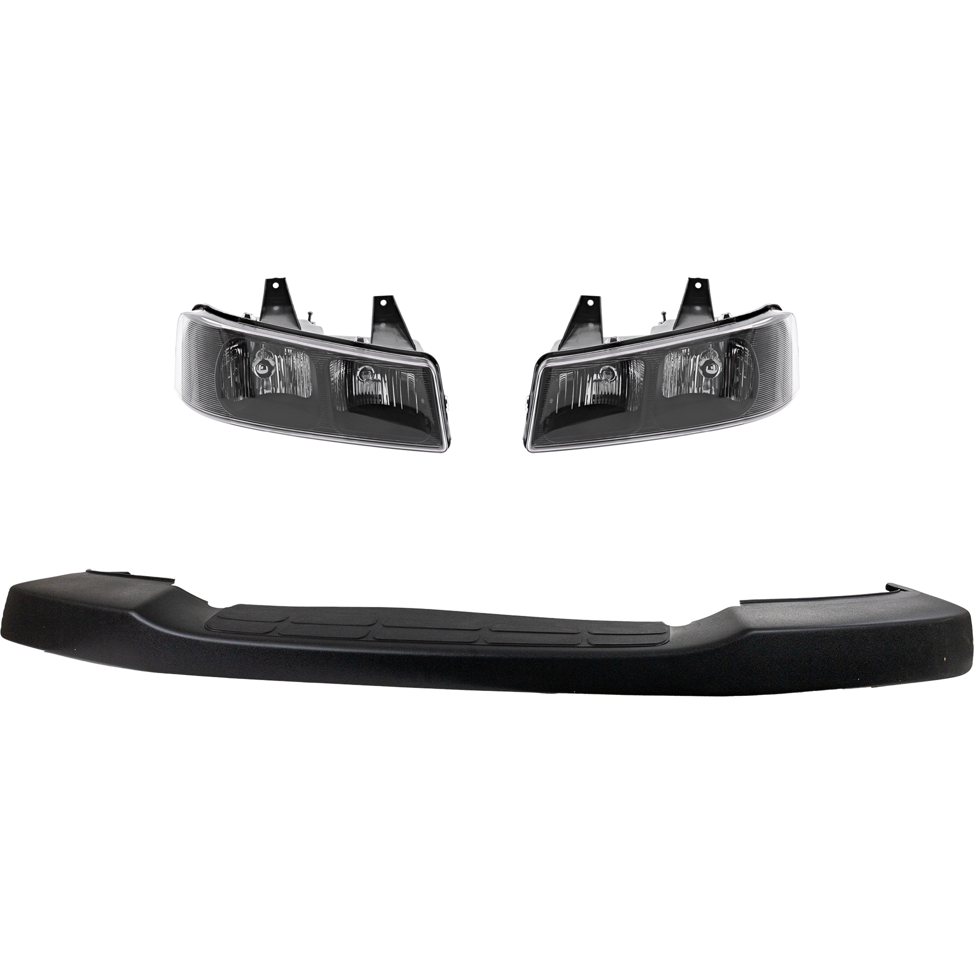 AM EXPRESS 2500 EXPRESS 3500-03-23 FRONT BUMPER COVER Upper 3 pc Kit Textured with Headlight SKU KIT 032025-18 Partslink GM1000693 GM2502233 GM2503233 OEM 22890548-85577296-15879433-855