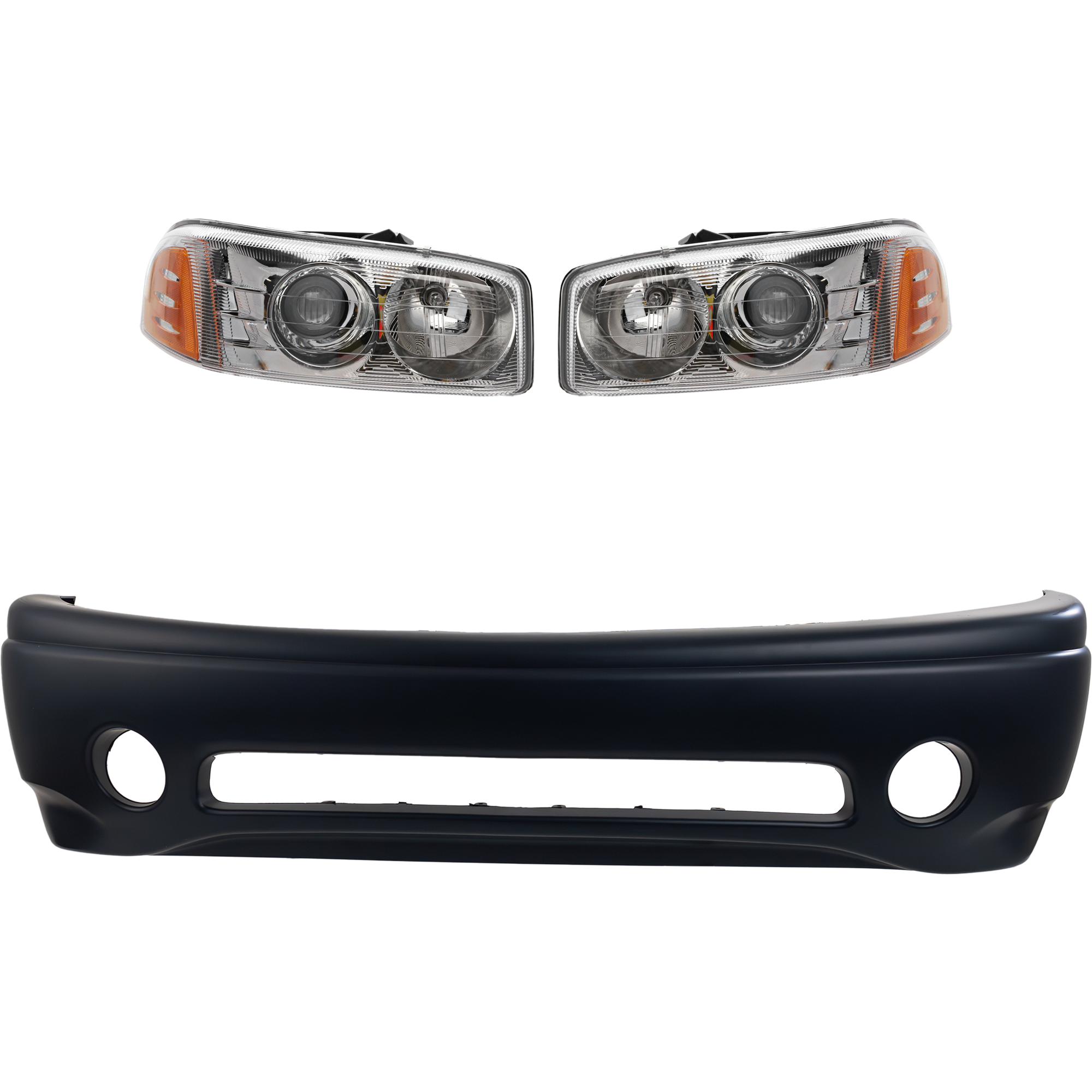 AM SIERRA 1500 YUKON 01-06 FRONT BUMPER COVER 3 pc Kit Primed C3 Denali Models Includes 2007 Classic with Headlight SKU KIT 032025-20 Partslink GM1000637 GM2502214 GM2503214 OEM 12479754-15218077-15218078