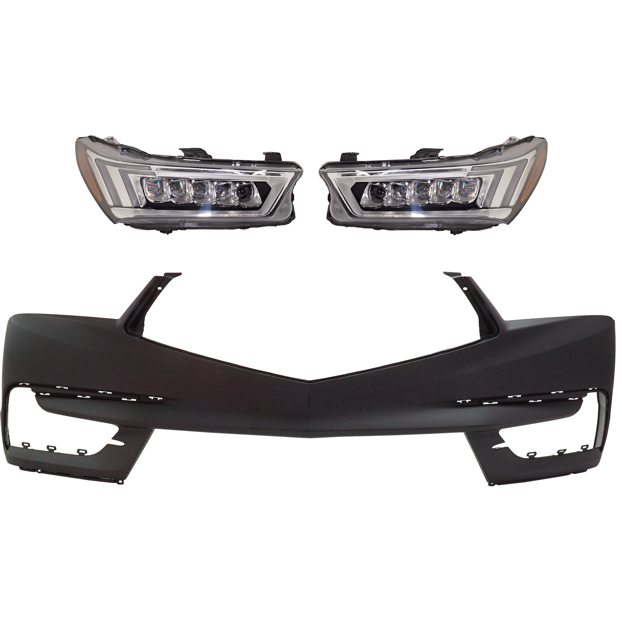 AM MDX 17-20 HEAD LAMP RH AND LH 3 pc Kit Assembly LED with Bumper Cover SKU KIT 032025-22 Partslink AC2502130 AC2503130 AC1000192 OEM 33100TZ5A51-33150TZ5A51-04711T