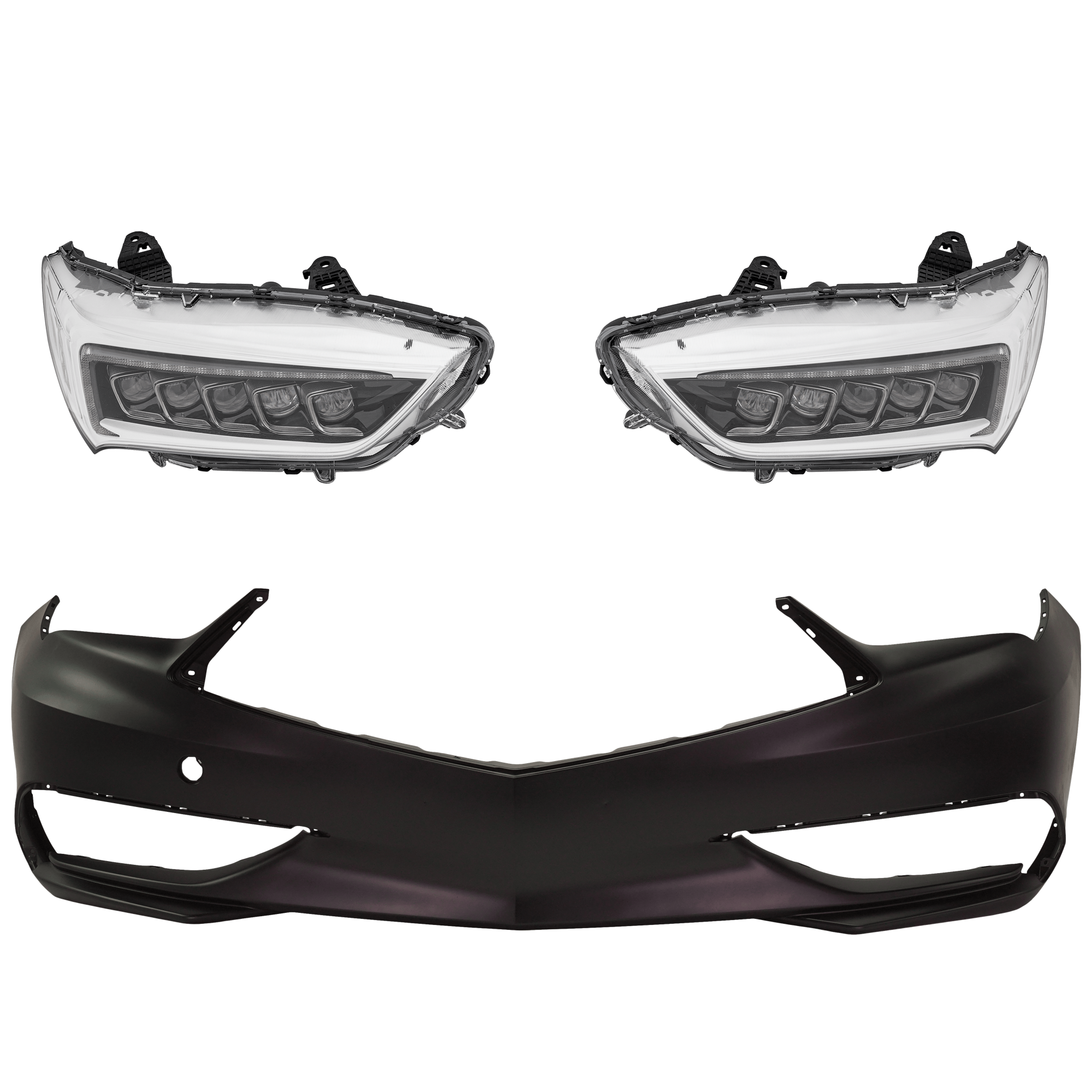 AM TLX 18-20 HEAD LAMP RH AND LH 3 pc Kit Assembly LED Base Model w o Logo with Bumper Cover SKU KIT 032025-24 Partslink AC2502131 AC2503131 AC1000195 OEM 33100TZ3A51-33150TZ3A51-04711T