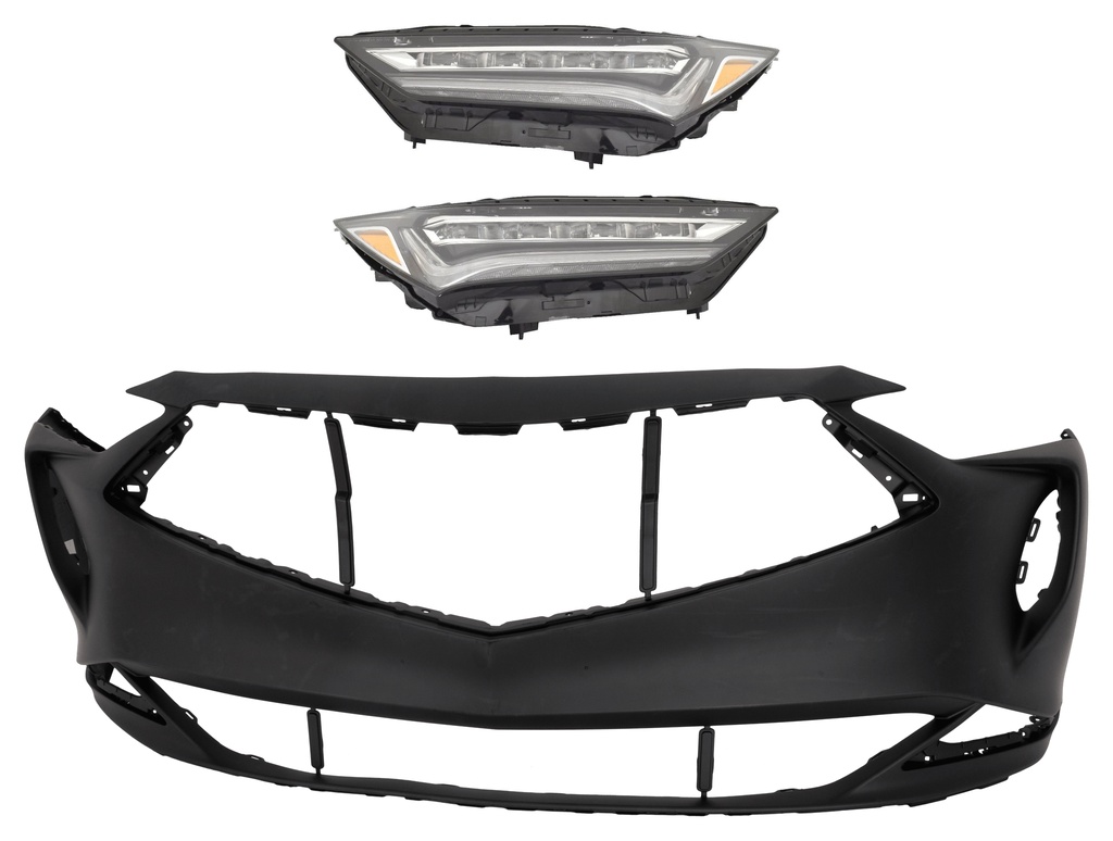 AM MDX 22-24 FRONT BUMPER COVER 3 pc Kit Primed Base Model 3.5L Eng. w o Parking Aid Sensor Holes with Headlight SKU KIT 032025-31 Partslink AC1000207 AC2502138 AC2503138 OEM 04711TYAA00ZZ 33150TYAA01-3310