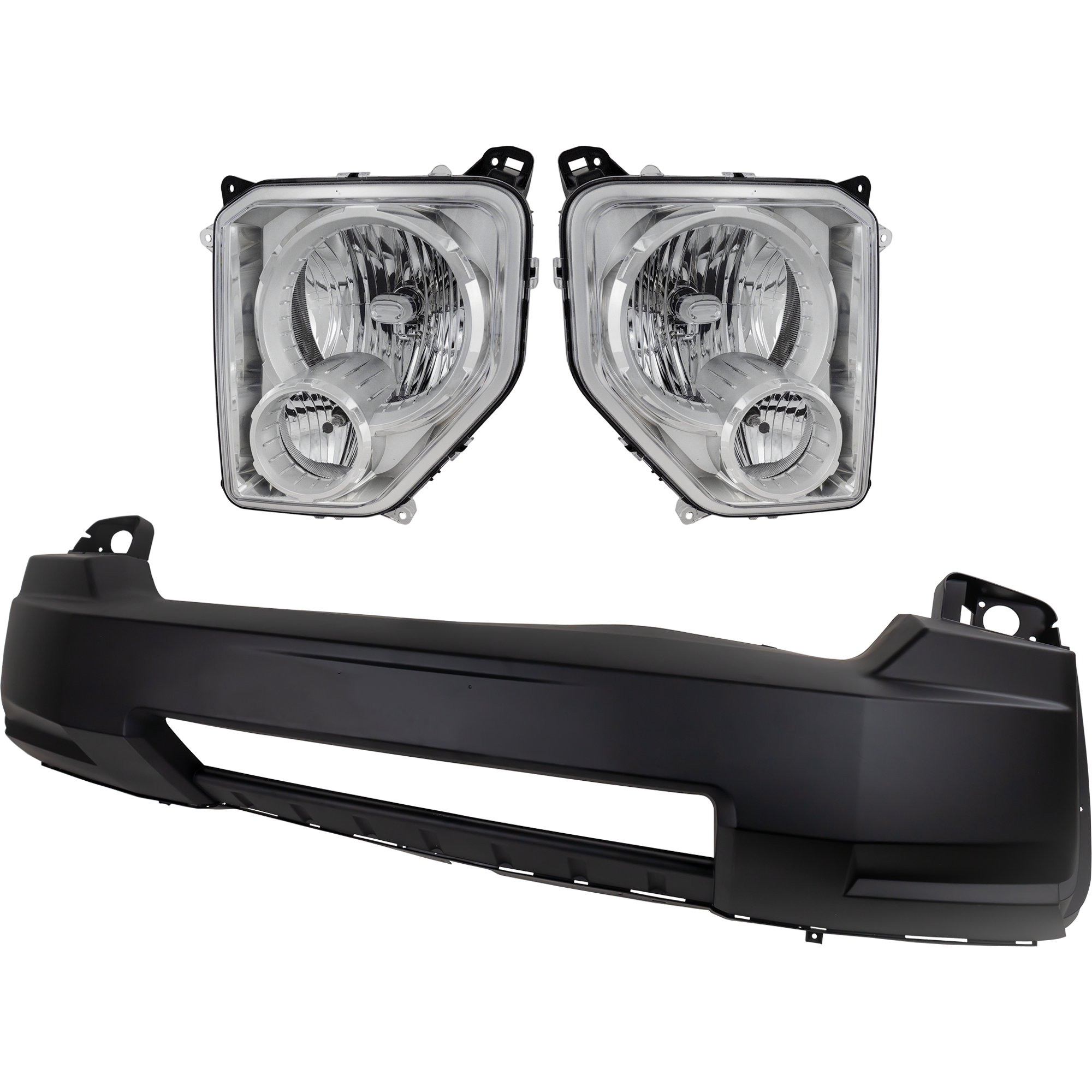 AM LIBERTY 08-12 HEAD LAMP RH AND LH 3 pc Kit Assembly Halogen Chrome Interior w Fog Light with Bumper Cover SKU KIT 032025-33 Partslink CH1000936C CH2502196C CH2503196C OEM 55157338AE 55157339AE 68033628