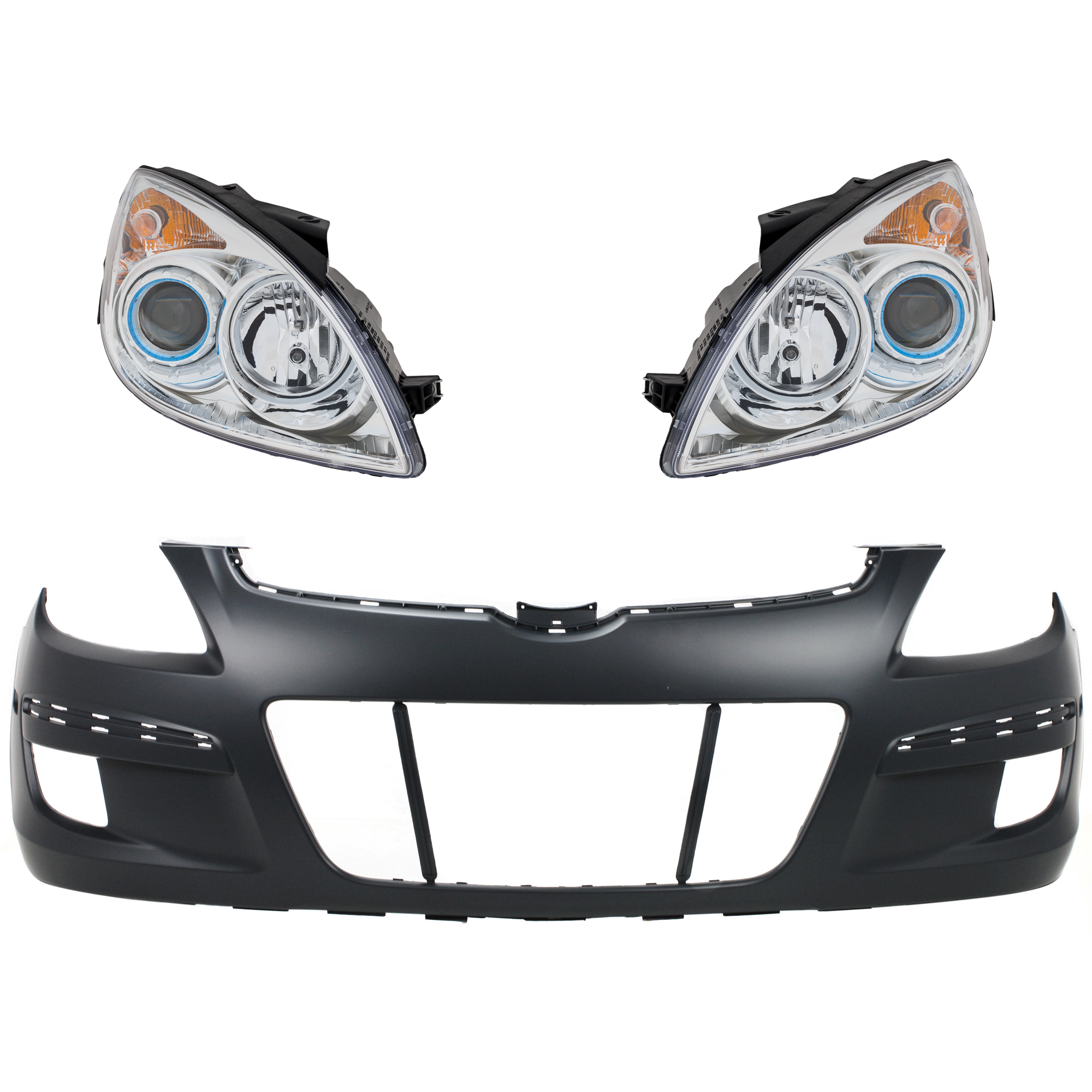 AM ELANTRA 10-12 HEAD LAMP RH AND LH 3 pc Kit Assembly Halogen w o Chrome Ring with Bumper Cover SKU KIT 032025-49 Partslink HY2502162 HY2503162 HY1000179 OEM 921012L152-921022L152-865112L3