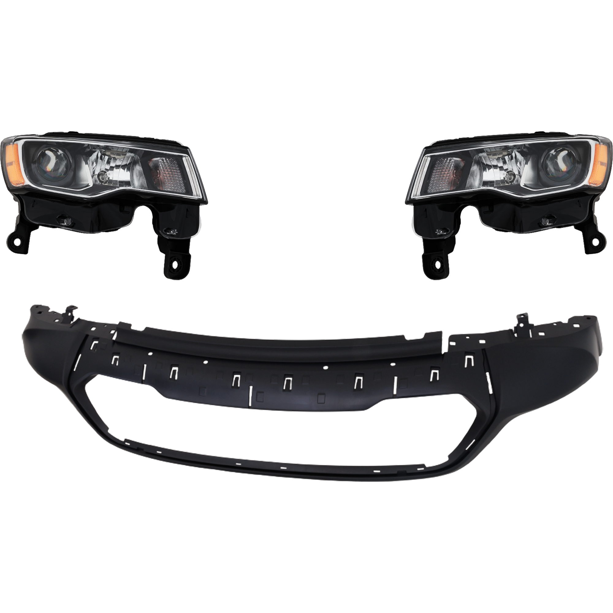 AM GRAND CHEROKEE 17-21 GRAND CHEROKEE WK 22-22 HEAD LAMP RH AND LH 3 pc Kit Assembly Halogen with Bumper Cover SKU KIT 032025-58 Partslink CH2502297 CH2503297 CH1015134 OEM 68289234AE 68289235AE 5XV45TZZ