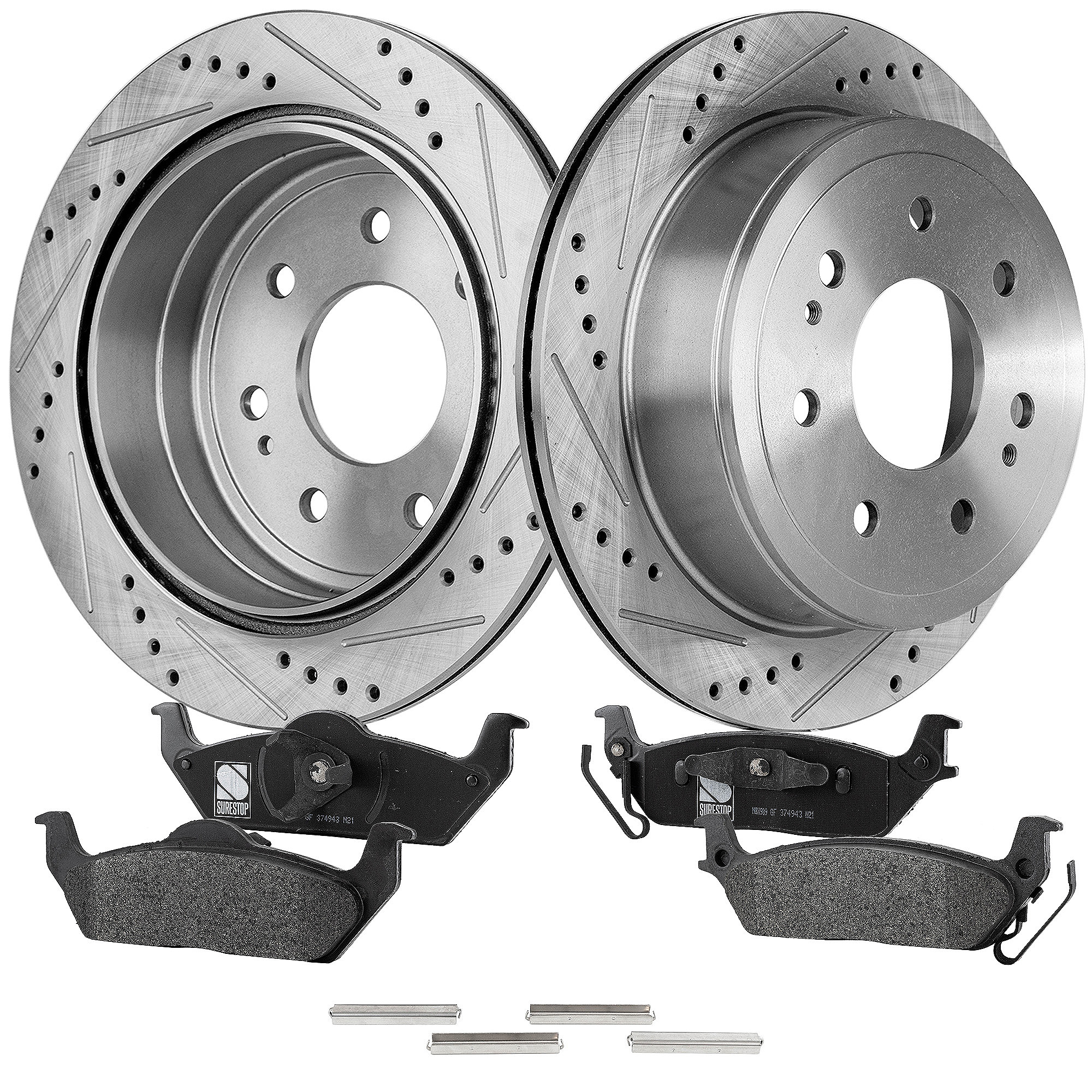 AM F 150-04-11 REAR BRAKE DISC AND PAD KIT 4 pc Kit Cross drilled and Slotted SKU KIT 032123-02 OEM 54112-145522-492585-48880183-6