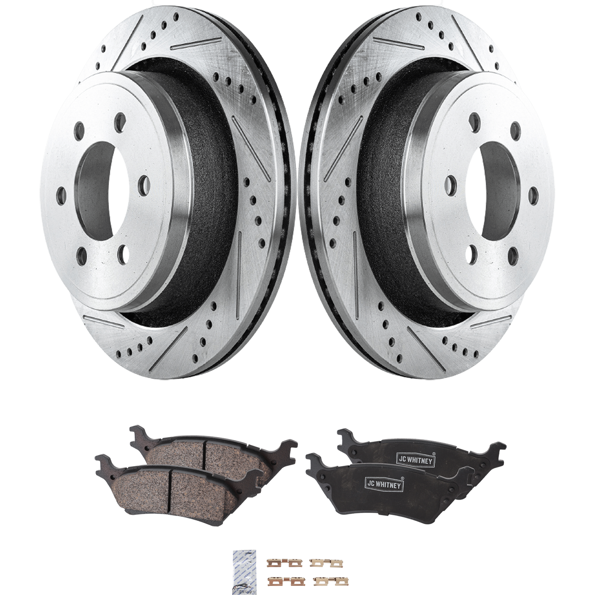 AM F 150-12-18 REAR BRAKE DISC AND PAD KIT 4 pc Kit Cross drilled and Slotted SKU KIT 032123-04 OEM 42281-850309-60054220-680976R