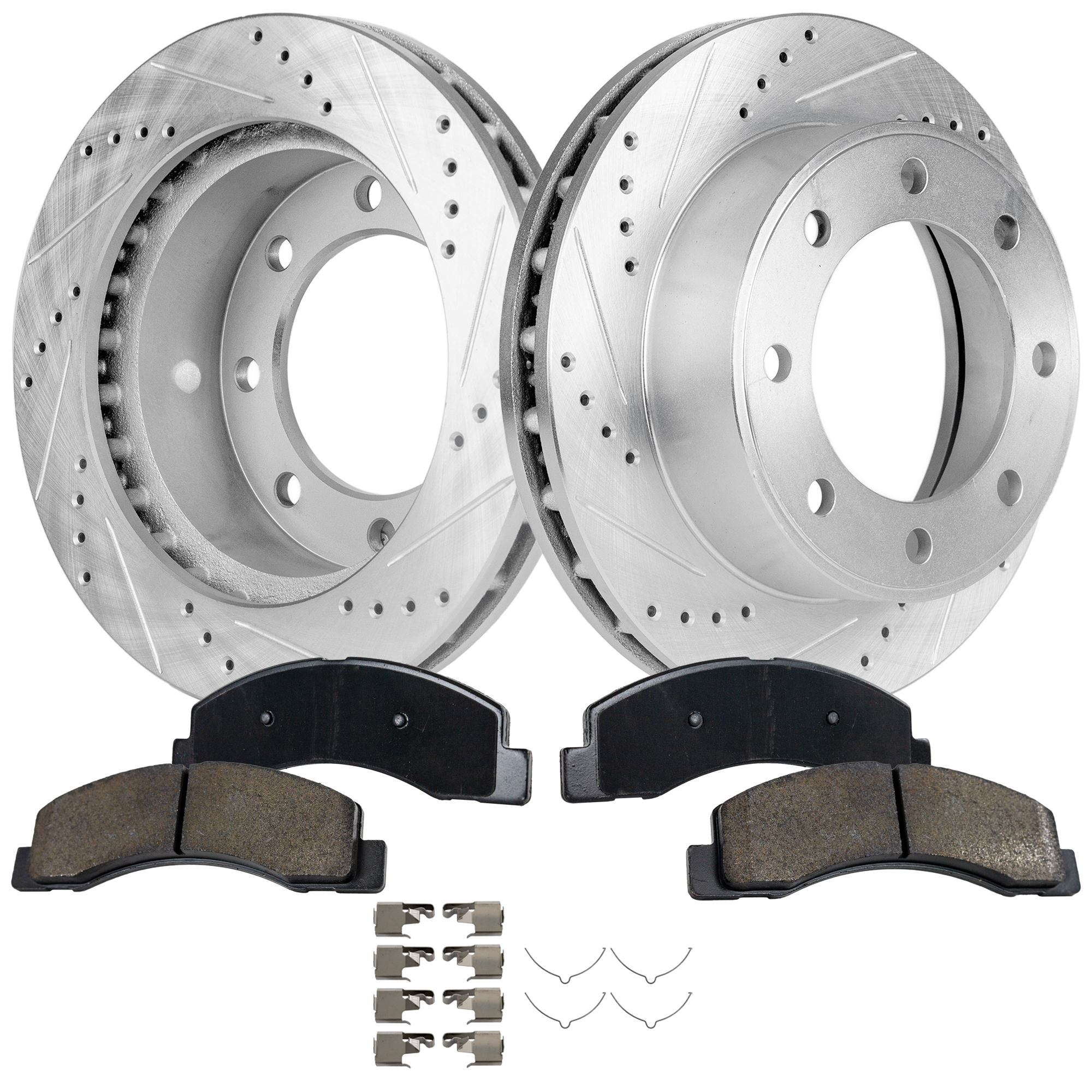 AM F 250 F 350 SUPER DUTY 99-04 EXCURSION 00-05 FRONT BRAKE DISC AND PAD KIT 4 pc kit Cross drilled and Slotted SKU KIT 032123-05 OEM 19908-54078-66914-145274-49227