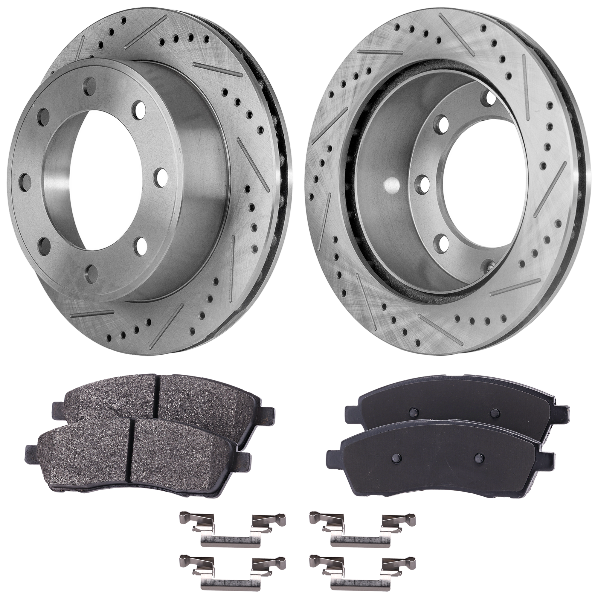 AM F 250 F 350 SUPER DUTY 99-04 EXCURSION 00-05 REAR BRAKE DISC AND PAD KIT 4 pc kit Cross drilled and Slotted SKU KIT 032123-06 OEM 19907-54074-66823-102002-14525