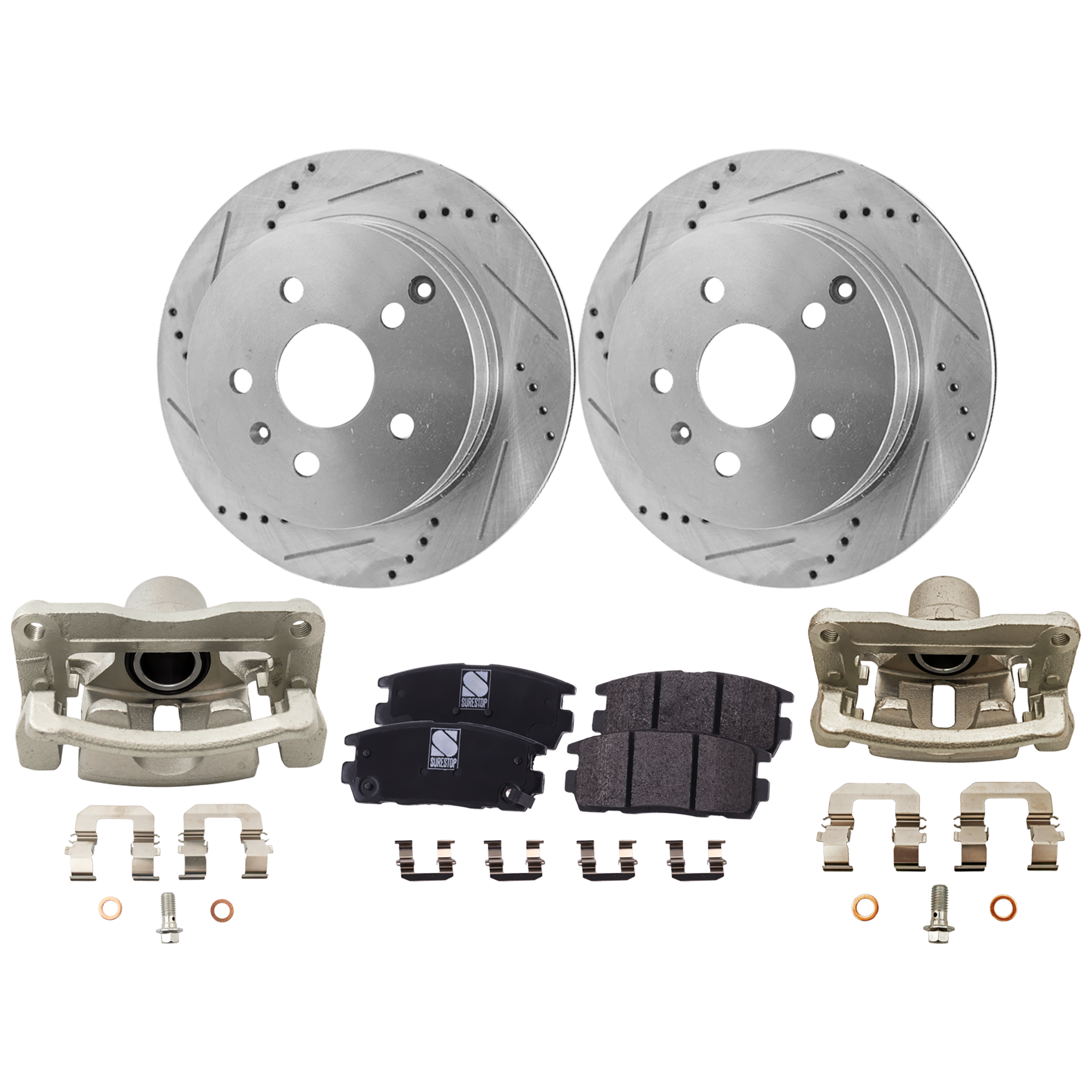 AM EQUINOX TERRAIN 10-17 REAR BRAKE KIT WITH CALIPERS 2 Wheel Set Includes 2 Brake Caliper 2 Brake Disc and 1 Brake Pad Set Cross drilled and Slotted 5 Lugs Ceramic SKU KIT 032125-04 OEM 96626073-96626074-41262-55178