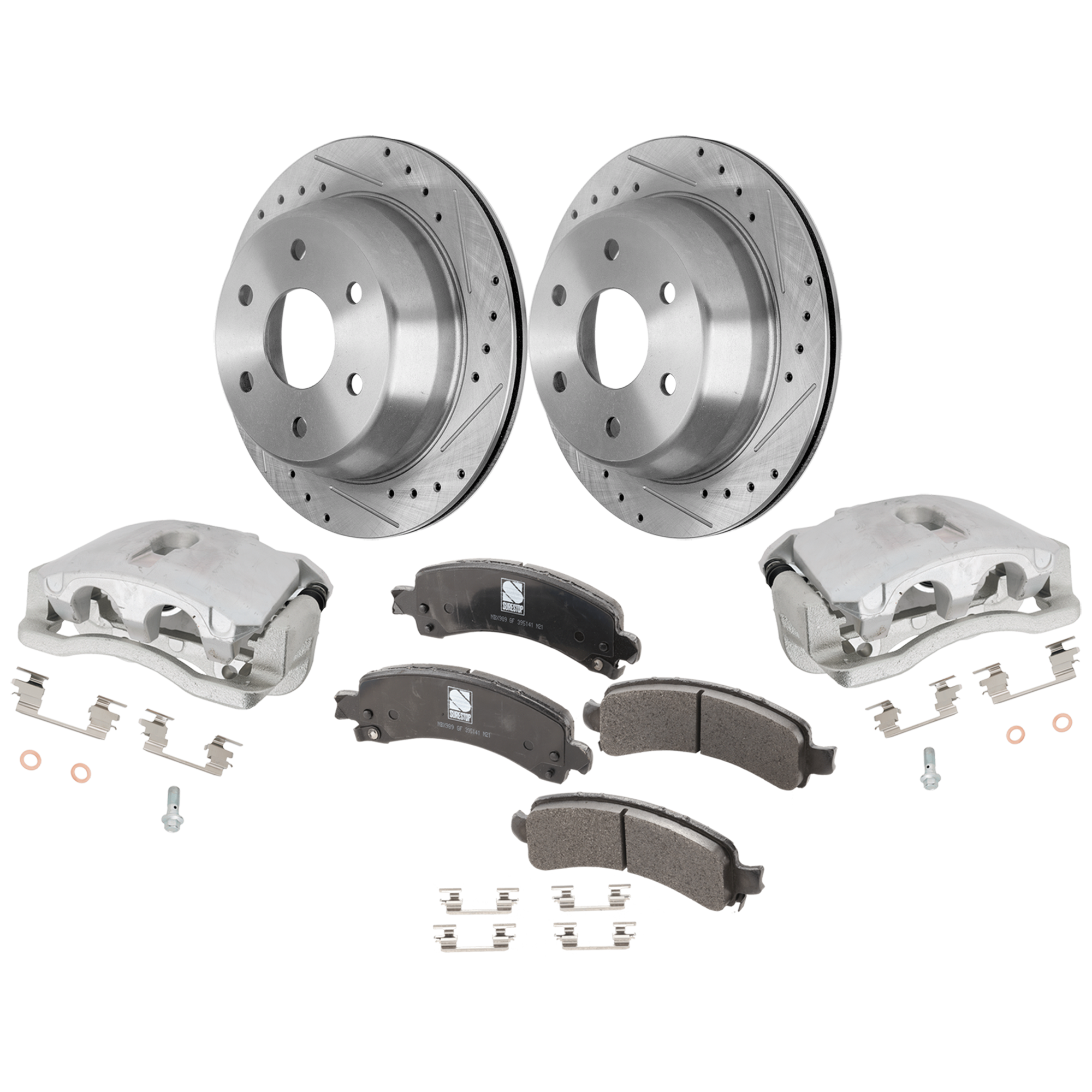 AM AVALANCHE 1500 SUBURBAN 1500-02-02 REAR BRAKE KIT WITH CALIPERS 2 Wheel Set Includes 2 Brake Caliper 2 Brake Disc and 1 Brake Pad Set Cross drilled and Slotted 6 Lugs Semi Metallic SKU KIT 032125-07 OEM 90048037-56827FZN 88964197-889
