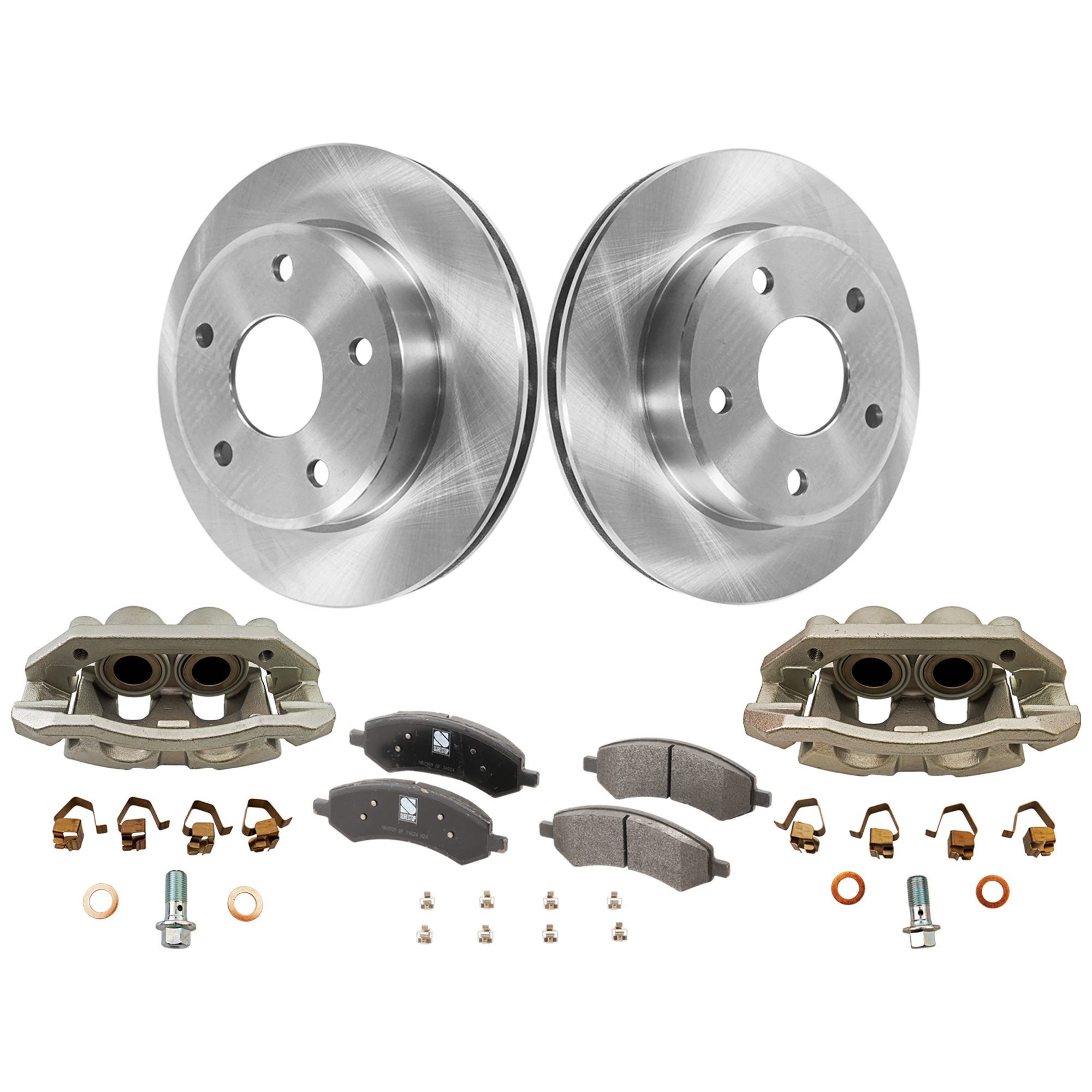 AM DAKOTA 09-10 DAKOTA 11-11 FRONT BRAKE KIT WITH CALIPERS 2 Wheel Set Includes 2 Brake Caliper 2 Brake Disc and 1 Brake Pad Set Plain Surface 5 Lugs Cast Iron Semi Metallic SKU KIT 032125-08 OEM 52855005AB 5143350AA 5143350AB