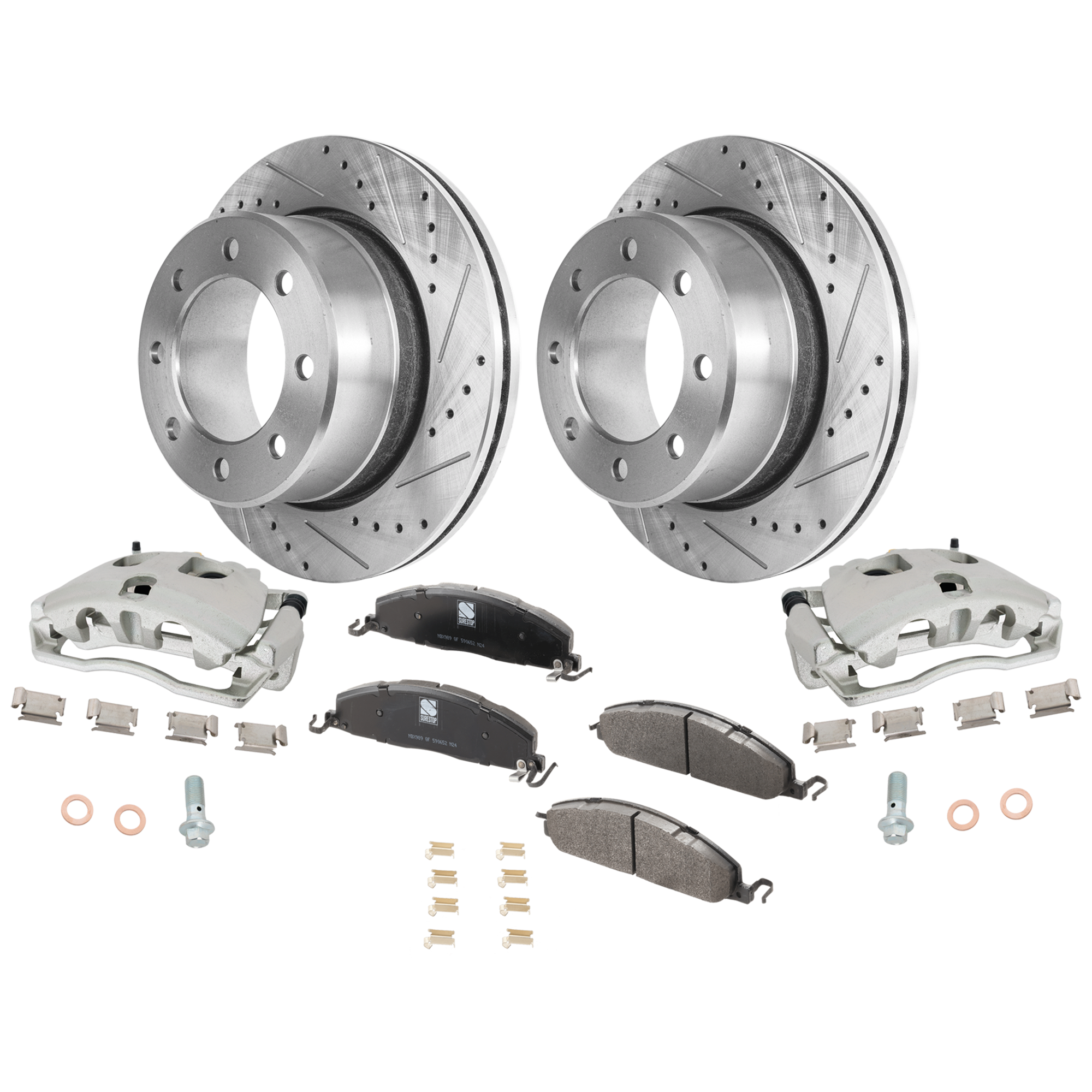 AM 2500-3500-09-18 REAR BRAKE KIT WITH CALIPERS 2 Wheel Set Includes 2 Brake Caliper 2 Brake Disc and 1 Brake Pad Set Cross drilled and Slotted 8 Lugs Cast Iron Semi Metallic SKU KIT 032125-12 OEM 68049158AA