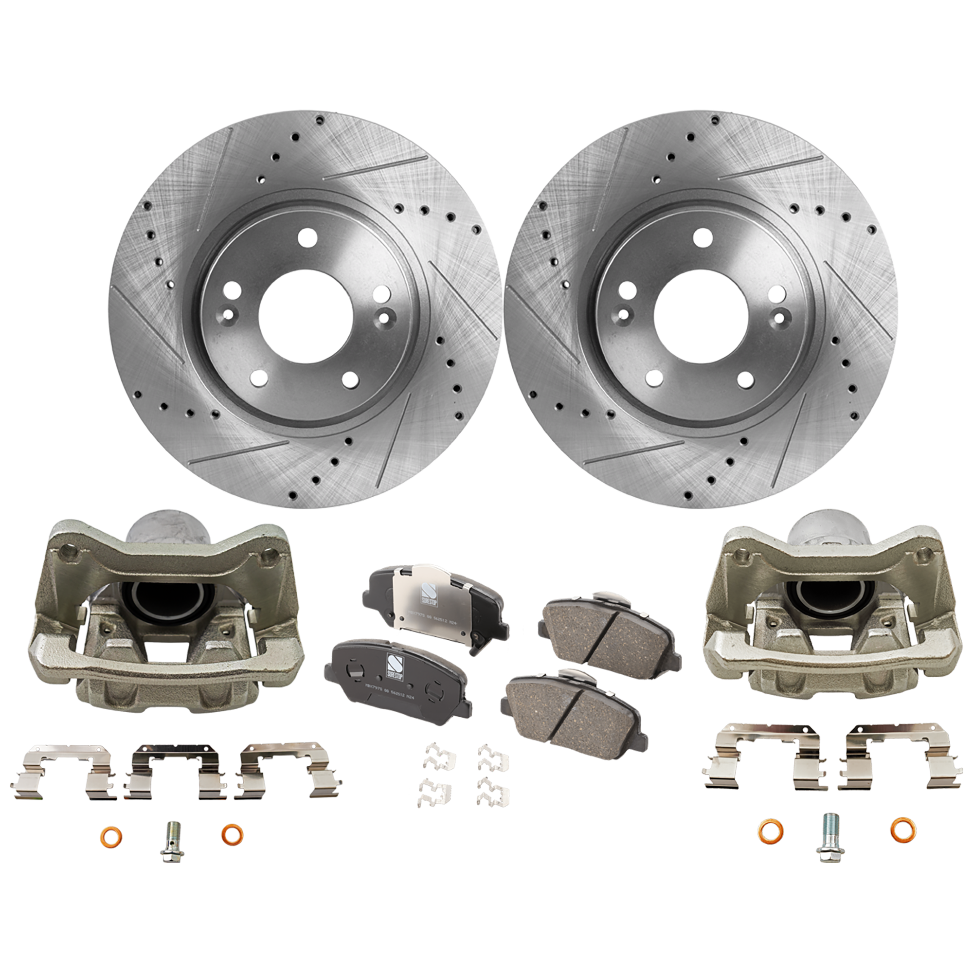 AM OPTIMA 14-14 FRONT BRAKE KIT WITH CALIPERS 2 Wheel Set Includes 2 Brake Caliper 2 Brake Disc and 1 Brake Pad Set Cross drilled and Slotted 5 Lugs Ceramic SKU KIT 032125-23 OEM 31427-60289-145832-0833006-900