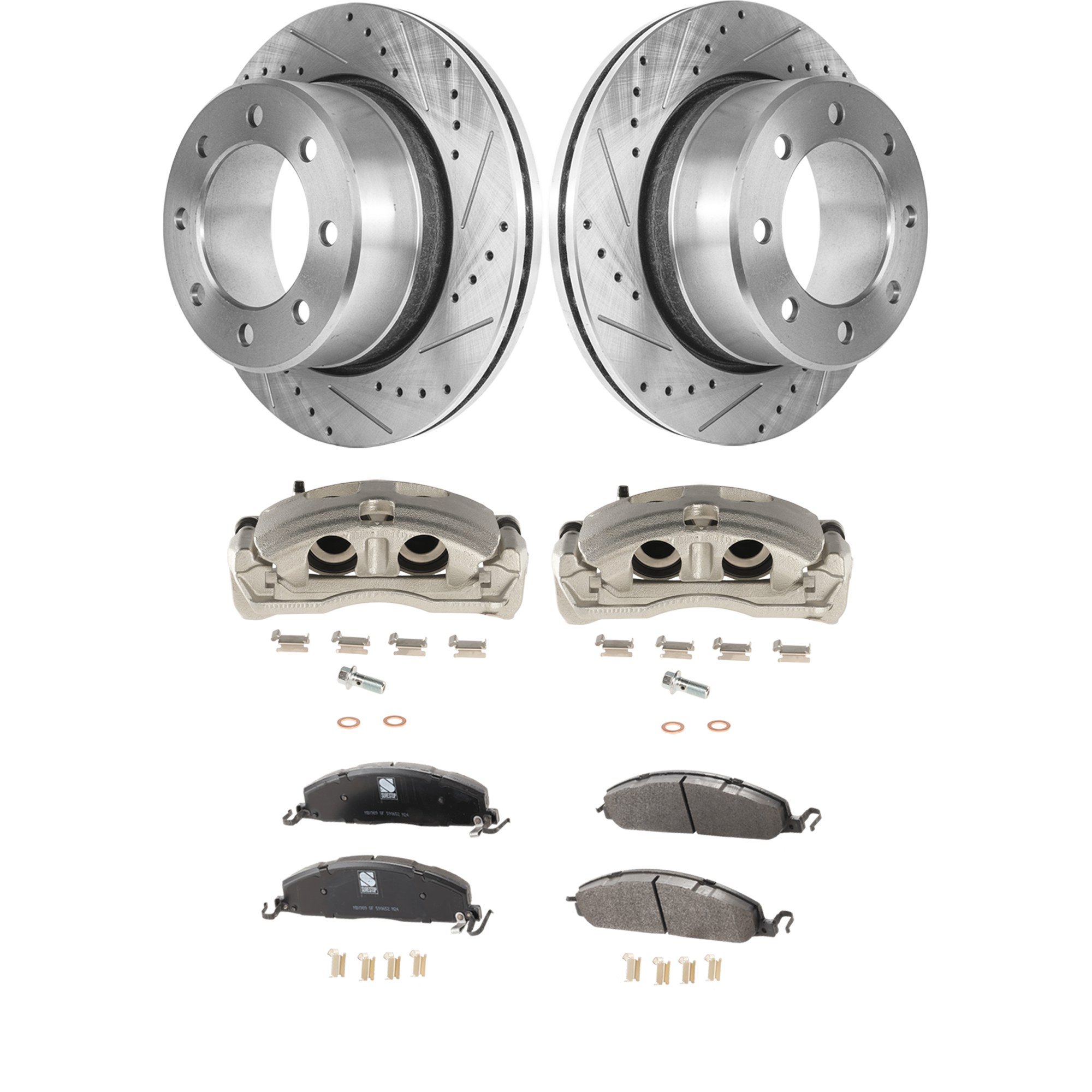 AM EQUATOR 09-12 FRONTIER 05-15 REAR BRAKE KIT WITH CALIPERS 2 Wheel Set Includes 2 Brake Caliper 2 Brake Disc and 1 Brake Pad Set Cross drilled and Slotted 8 Lugs Cast Iron Semi Metallic SKU KIT 032125-34 OEM 68049158AA