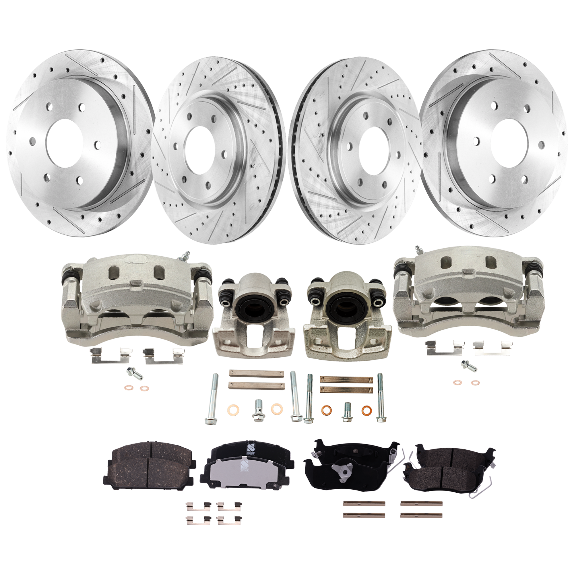 AM ARMADA TITAN 13-15 FRONT AND REAR BRAKE KIT WITH CALIPERS 4 Wheel Set Includes 4 Brake Caliper 4 Brake Disc and 2 Brake Pad Set Cross drilled and Slotted 6 Lugs Cast Iron Front Ceramic R SKU KIT 032125-50 OEM 440117S000-440017S000-41011ZC6