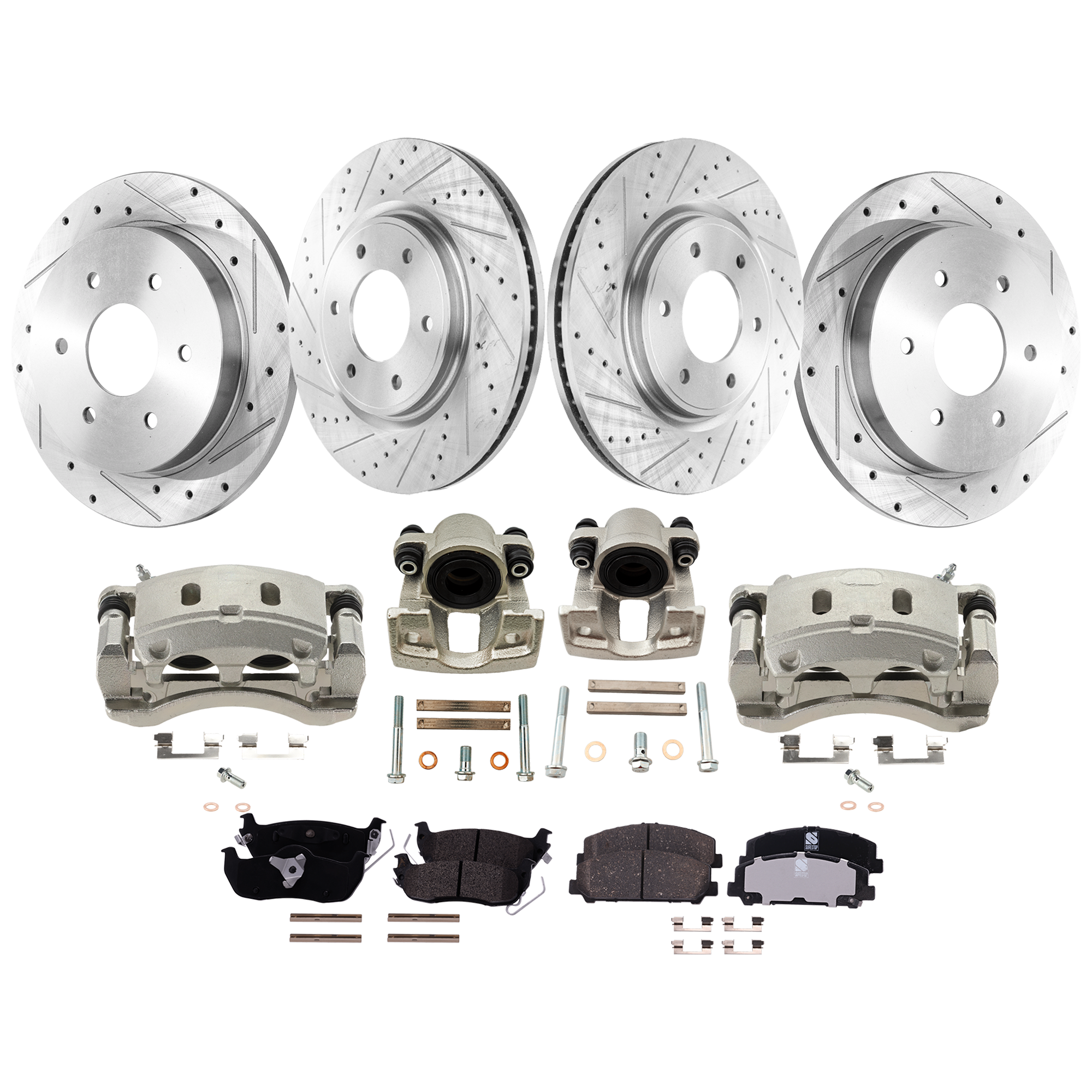 AM ARMADA TITAN 13-15 FRONT AND REAR BRAKE KIT WITH CALIPERS 4 Wheel Set Includes 4 Brake Caliper 4 Brake Disc and 2 Brake Pad Set Cross drilled and Slotted 6 Lugs Cast Iron Front Ceramic R SKU KIT 032125-95 OEM 440117S000-440017S000-41011ZC6