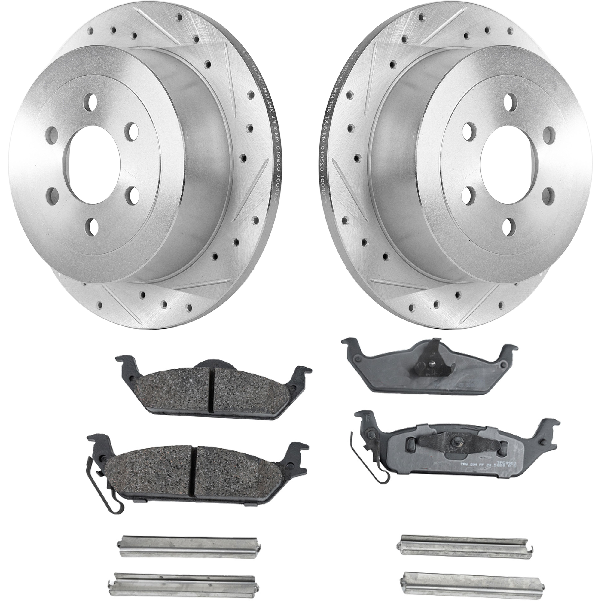 AM DAKOTA 03-04 REAR BRAKE DISC AND PAD KIT 4 pc Kit Cross drilled and Slotted SKU KIT 032322-05 OEM 53013-780144-48880144-52126044
