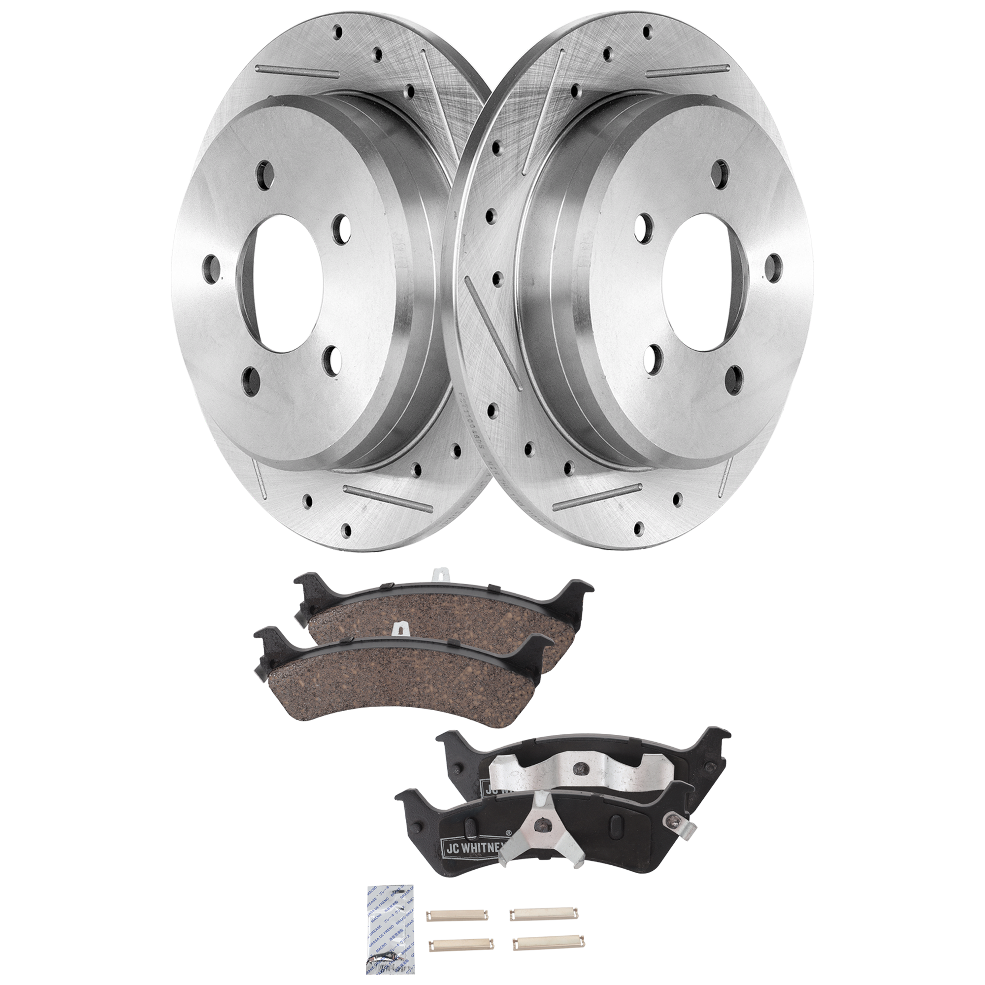 AM EXPLORER 95-01 EXPLORER SPORT 01-02 REAR BRAKE DISC AND PAD KIT 2 Wheel Set Cross drilled and Slotted SKU KIT 032322-07 OEM 19767-27045-54032-65610-66565