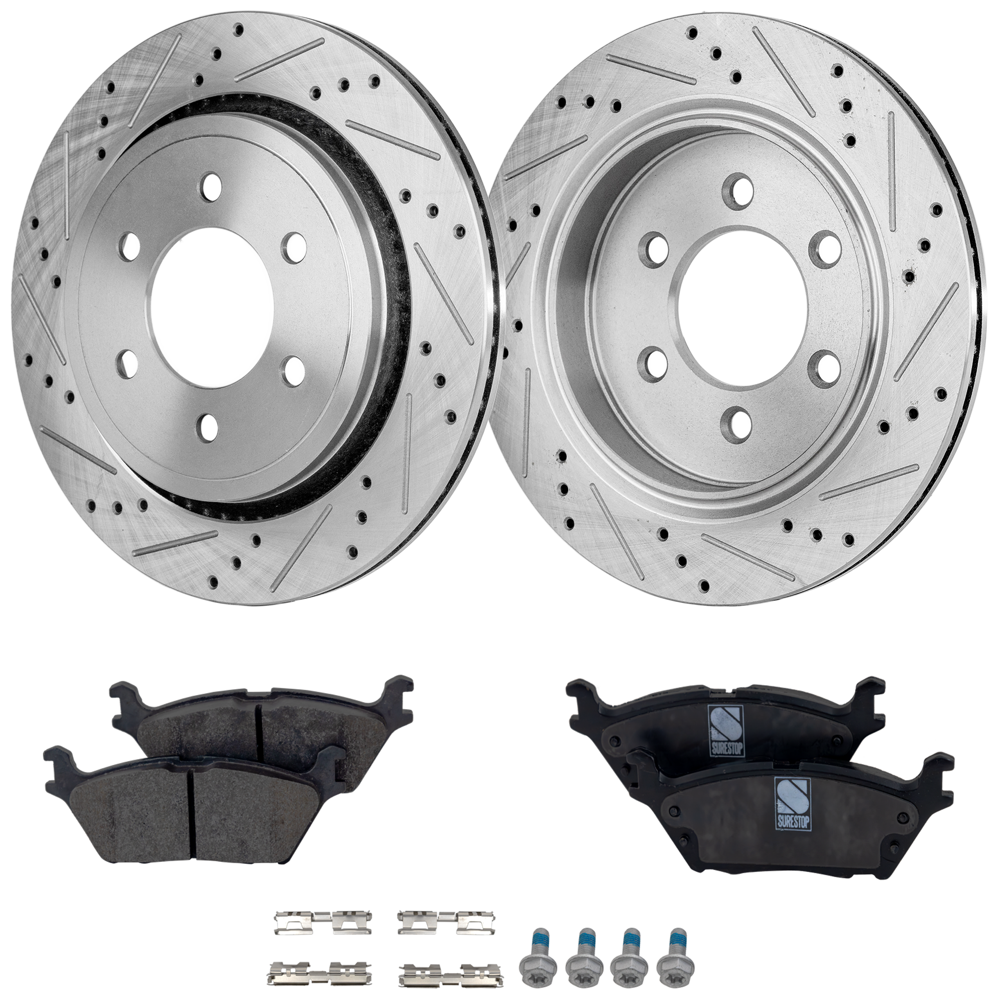 AM F 150-15-17 REAR BRAKE DISC AND PAD KIT 2 Wheel Set Performance Rotor Drilled and Slotted w Electronic Parking Brake SKU KIT 032322-14 OEM 42320-75029-850390-60054231-68