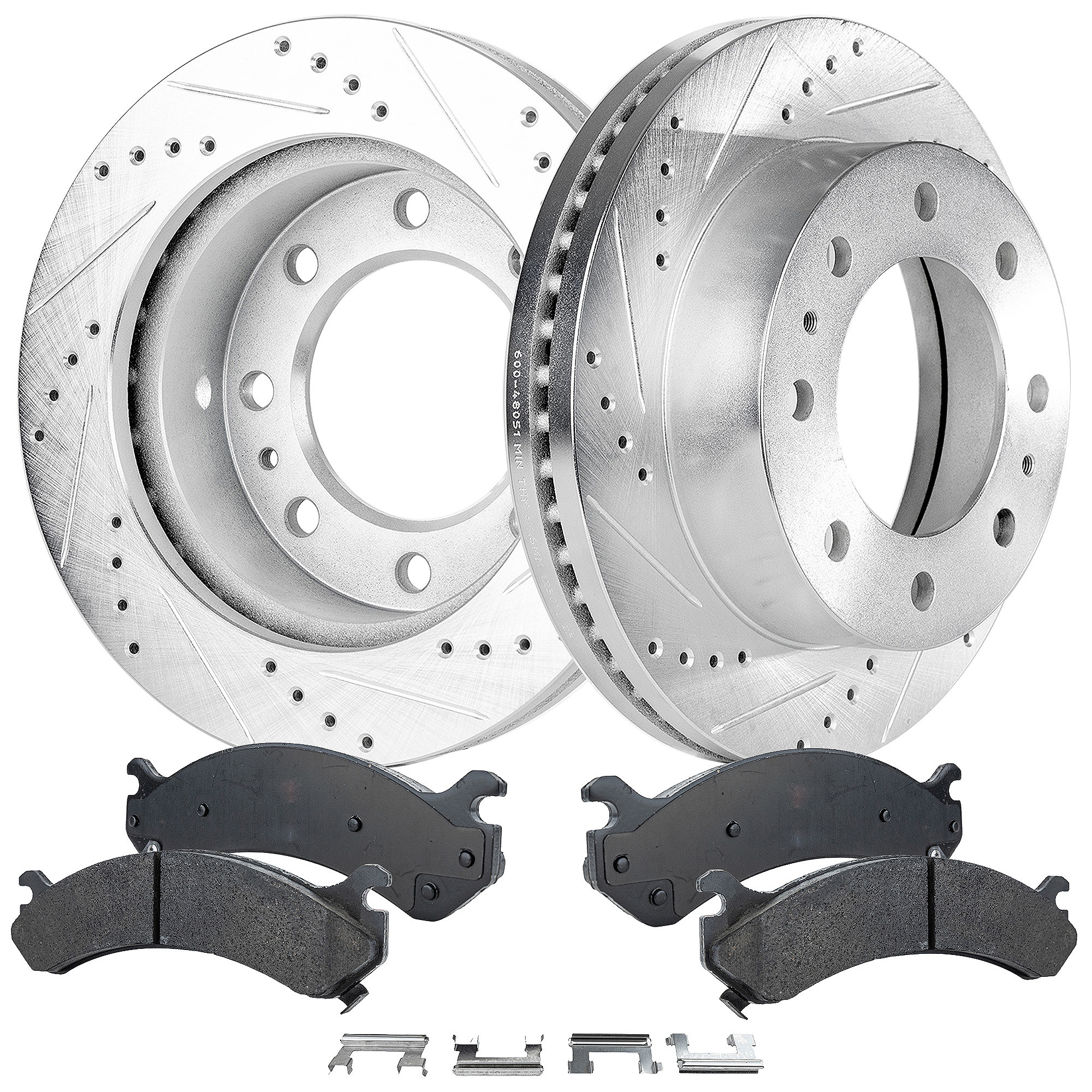 AM SILVERADO SIERRA 01-10 EXPRESS SAVANA 3500-4500-03-17 FRONT BRAKE DISC AND PAD KIT 4 pc Kit Cross drilled and Slotted SKU KIT 032323-08 OEM 55062-55072-145316-145317-4932
