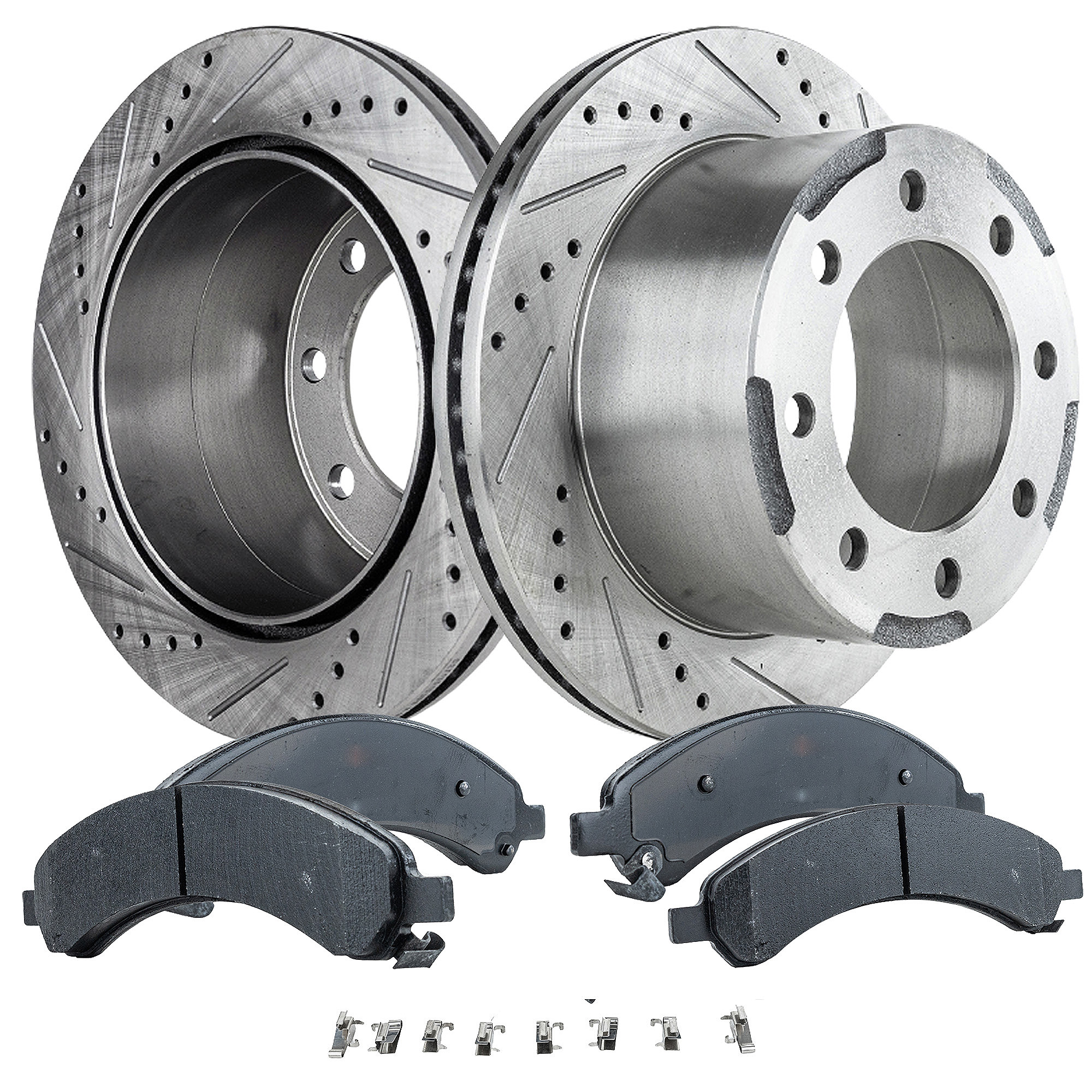 AM EXPRESS 3500 SAVANA 3500-03-08 REAR BRAKE DISC AND PAD KIT 2 Wheel Set Cross drilled and Slotted SKU KIT 032323-09 OEM 19972-55075-56992-145339-49325