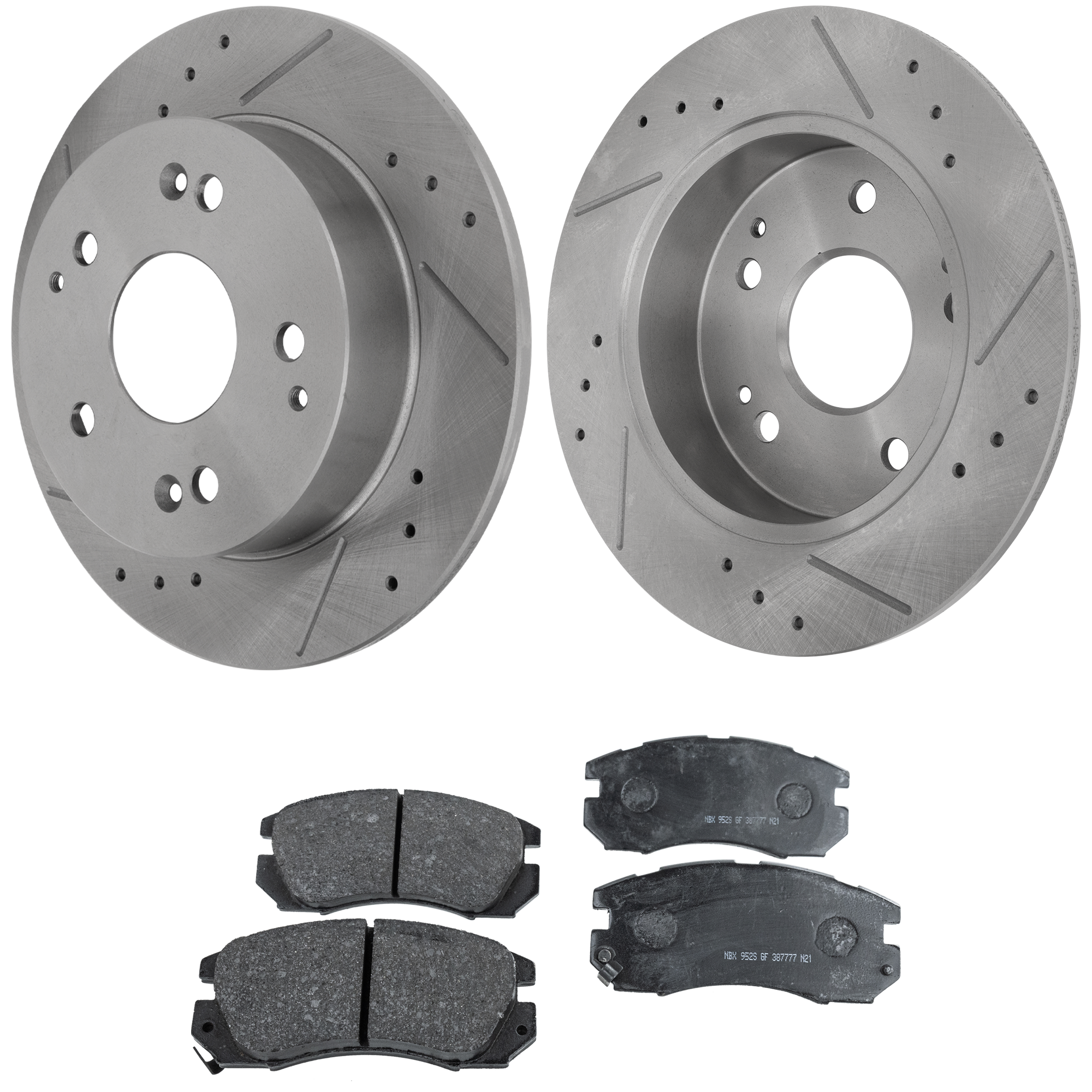 AM LEGACY 91-96 FRONT BRAKE DISC AND PAD KIT 2 Wheel Set Cross drilled and Slotted SKU KIT 032323-11 OEM 189-19887-25370-31059-31247-63
