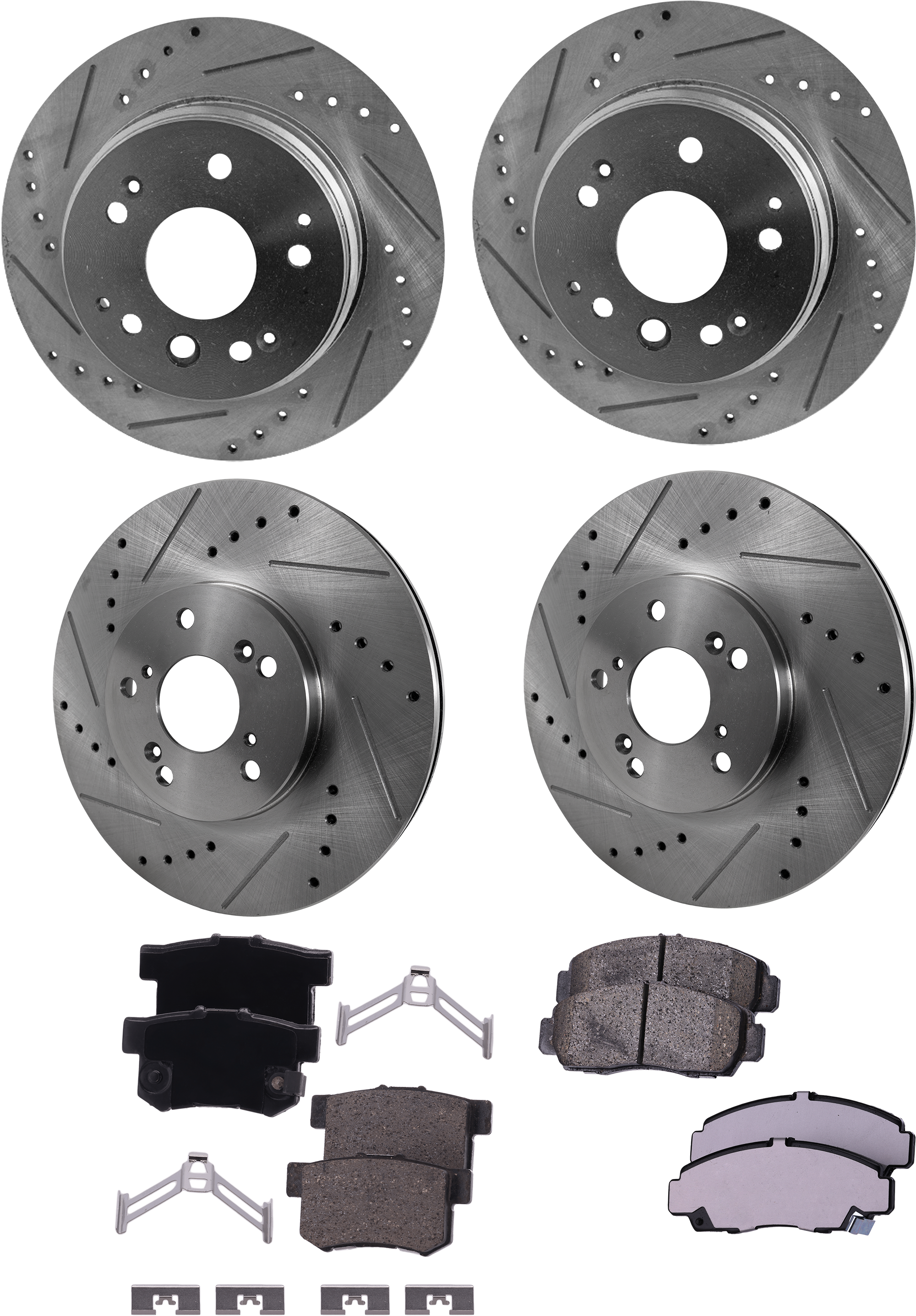 AM TL 04-08 FRONT AND REAR BRAKE DISC AND PAD KIT 4 Wheel Set Cross drilled and Slotted 5 Lugs Ceramic w Brake Disc and Brake Pad Set SKU KIT 032324-03 OEM 31316-145423-980151-4888015