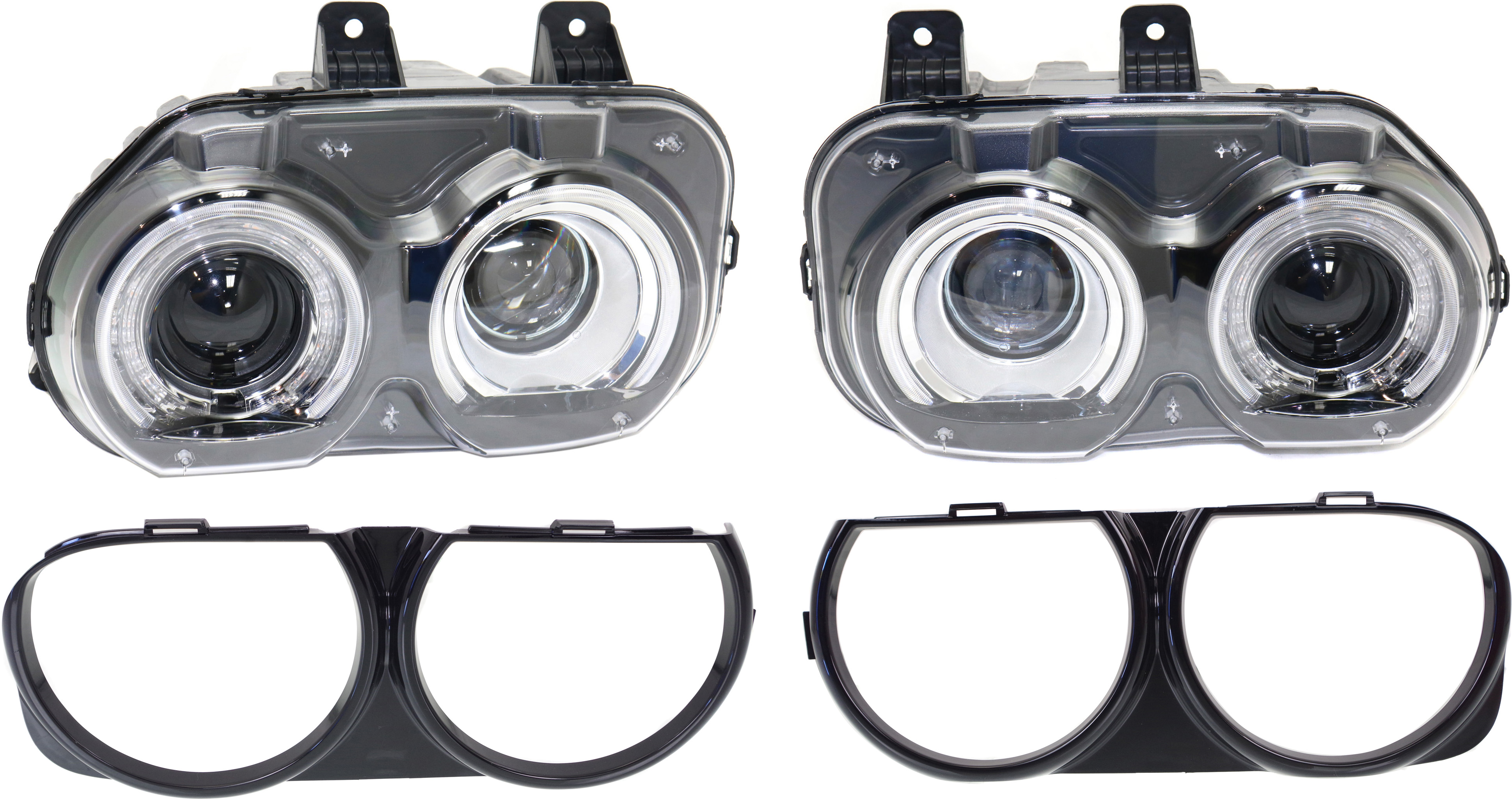 AM CHALLENGER 15-23 HEAD LAMP RH AND LH Assembly Halogen 4 pc Kit w Headlight Bezels SKU KIT 032517-01 Partslink CH2503267 CH2502267 CH2511101 CH2510101 OEM 68174064AG 68174064AF 68174065