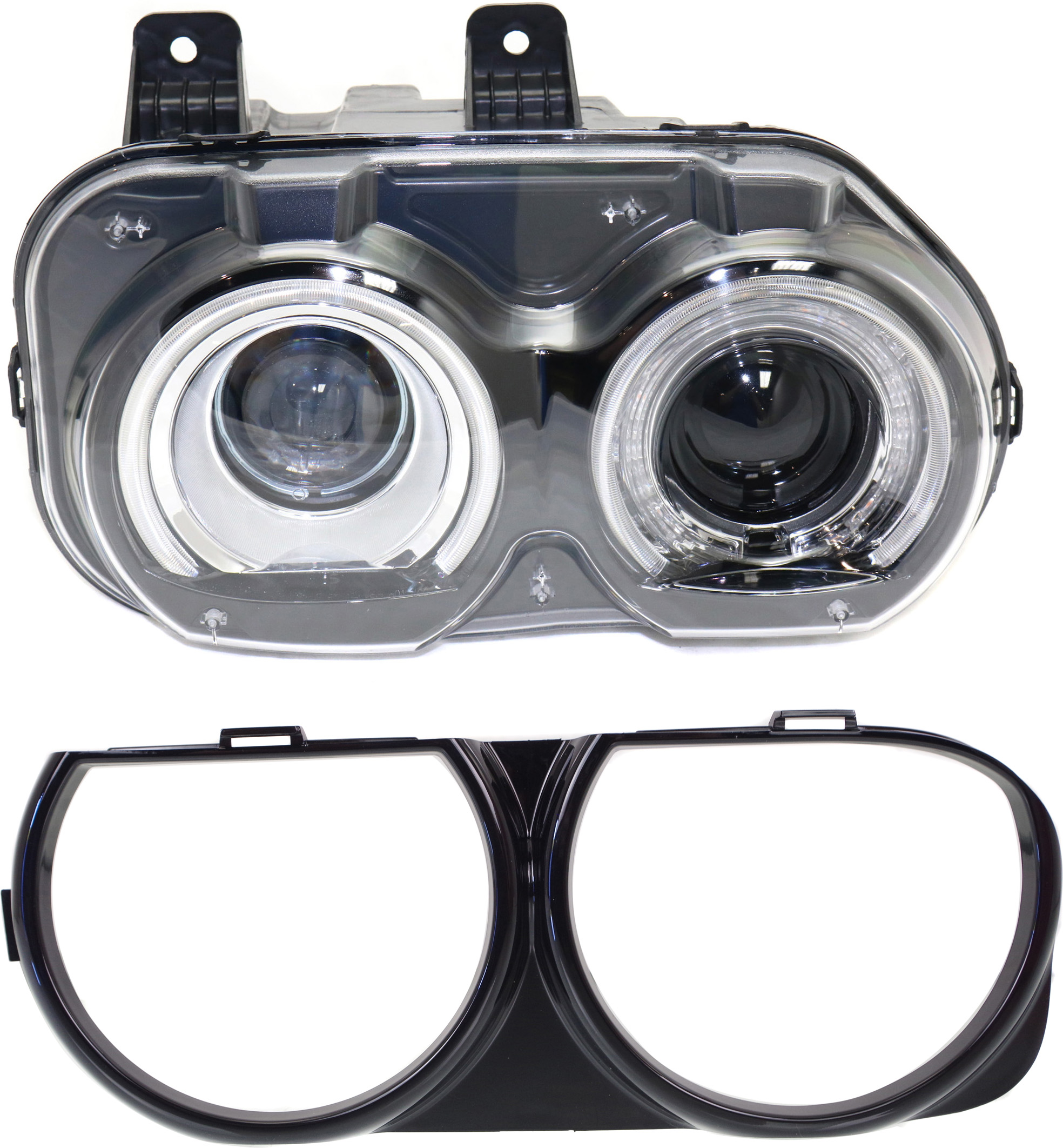 AM CHALLENGER 15-23 HEAD LAMP LH Assembly Halogen 2 pc Kit w Headlight Bezel SKU KIT 032517-07 Partslink CH2502267 CH2510101 OEM 68174065AG 68174065AF 68259053