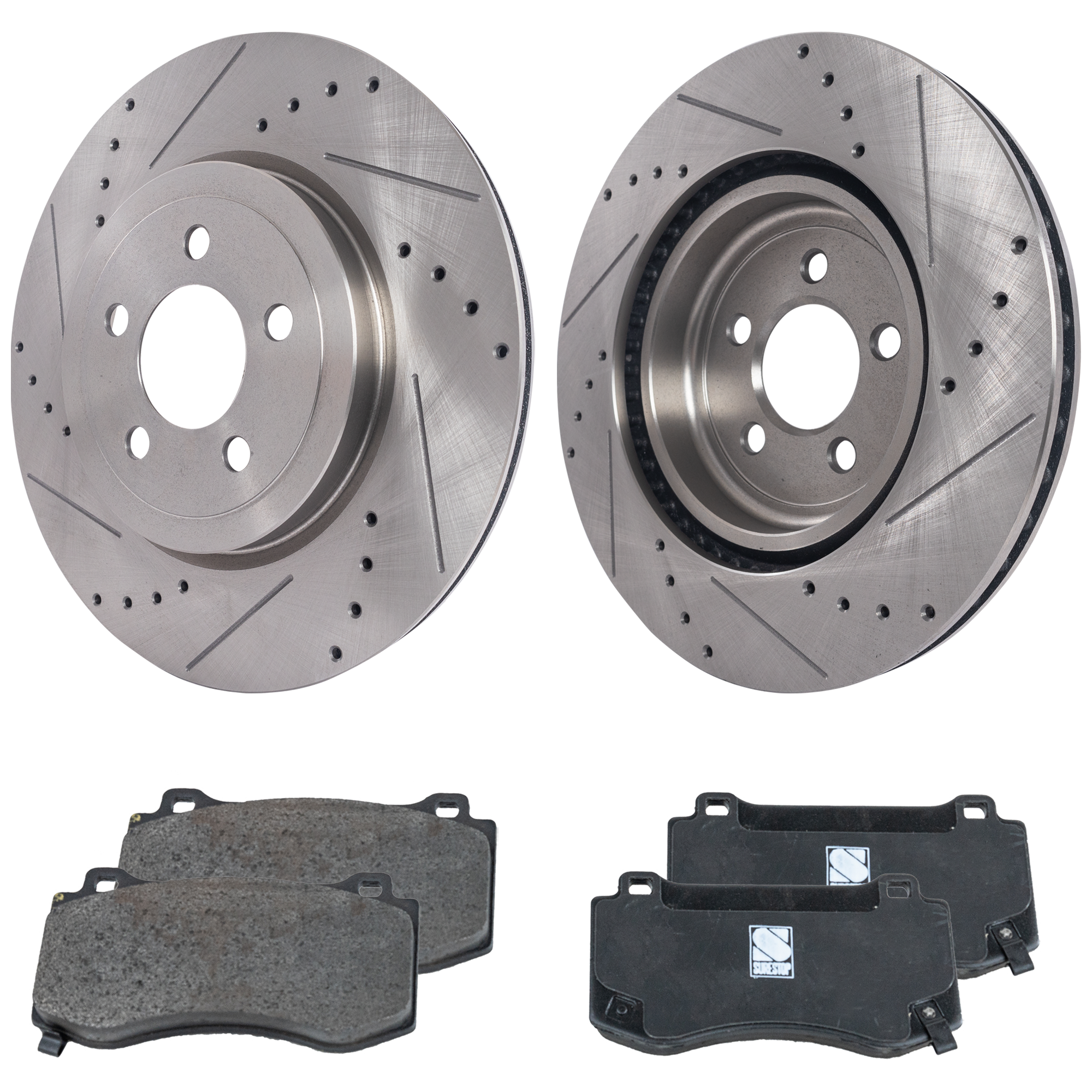 AM CHARGER CHALLENGER 08-20 FRONT BRAKE DISC AND PAD KIT 2 Wheel Set Cross drilled and Slotted SKU KIT 032523-03 OEM 43087-53023-63206-780256-90024