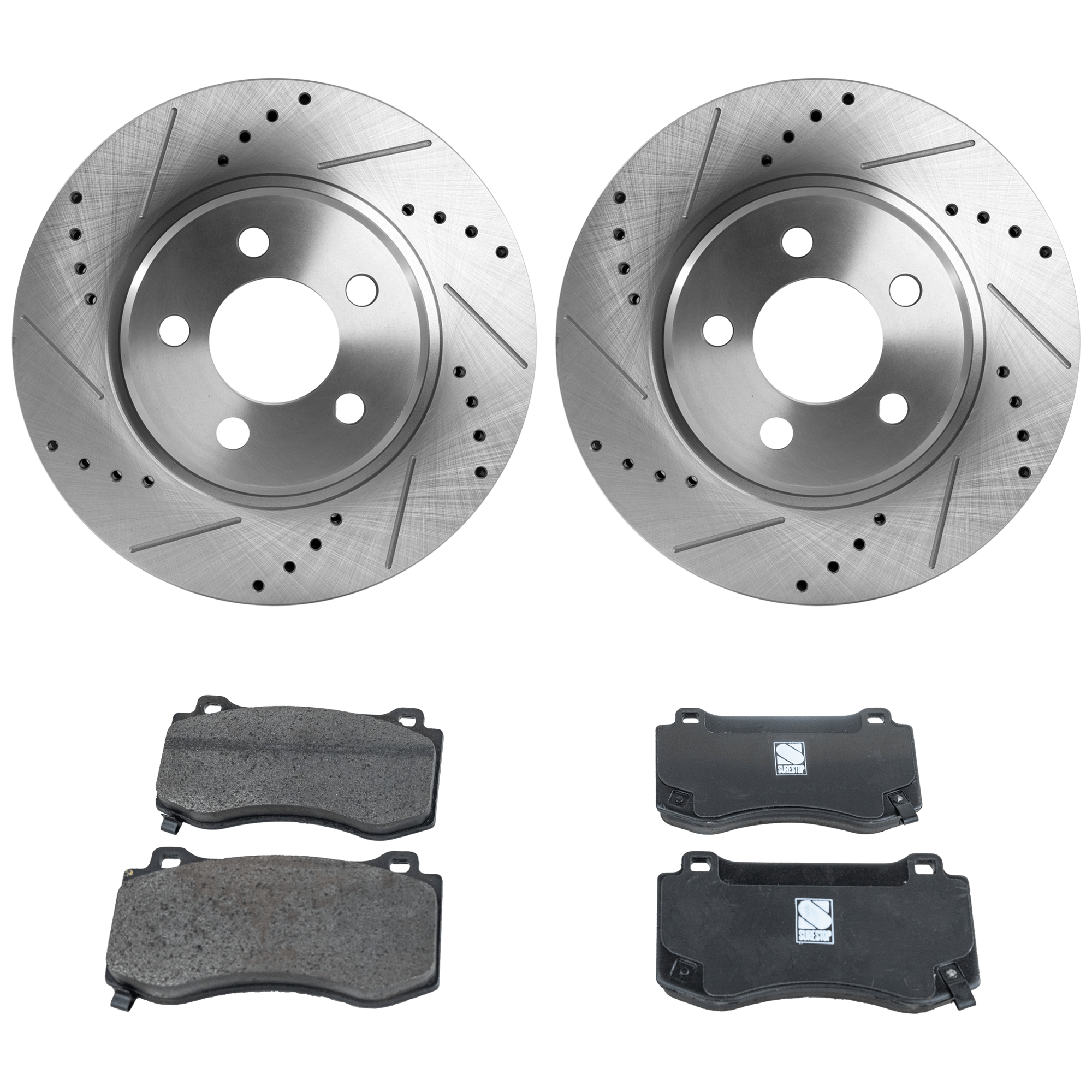 AM CHARGER 20-20 CHALLENGER 19-20 FRONT BRAKE DISC AND PAD KIT 2 Wheel Set Cross drilled and Slotted SKU KIT 032523-05 OEM 19367-43086-53022-780255-90024