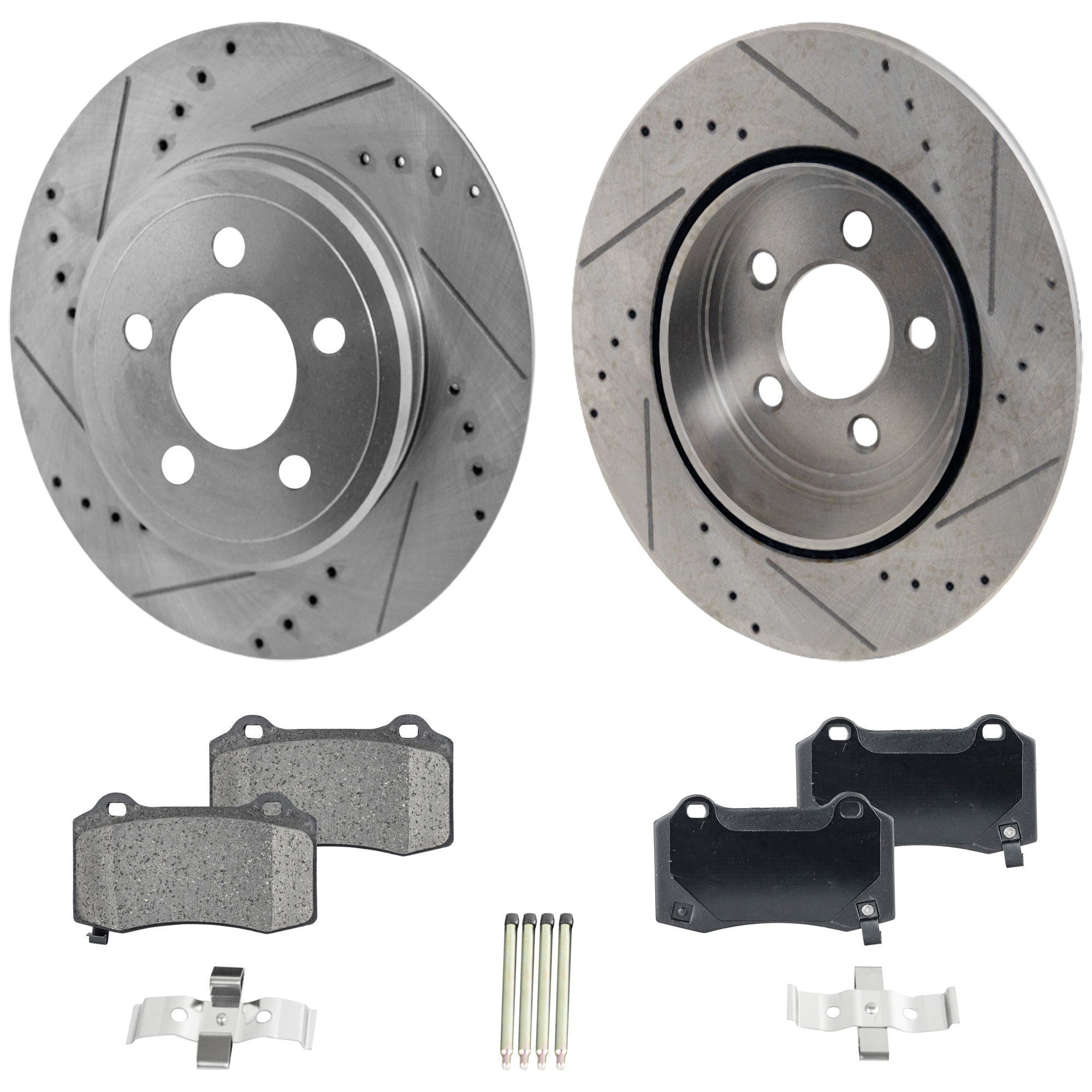 AM CHRYSLER 300-05-14 CHARGER 06-16 REAR BRAKE DISC AND PAD KIT 2 Wheel Set Cross drilled and Slotted SKU KIT 032523-07 OEM 27355-53024-145568-780257-7810