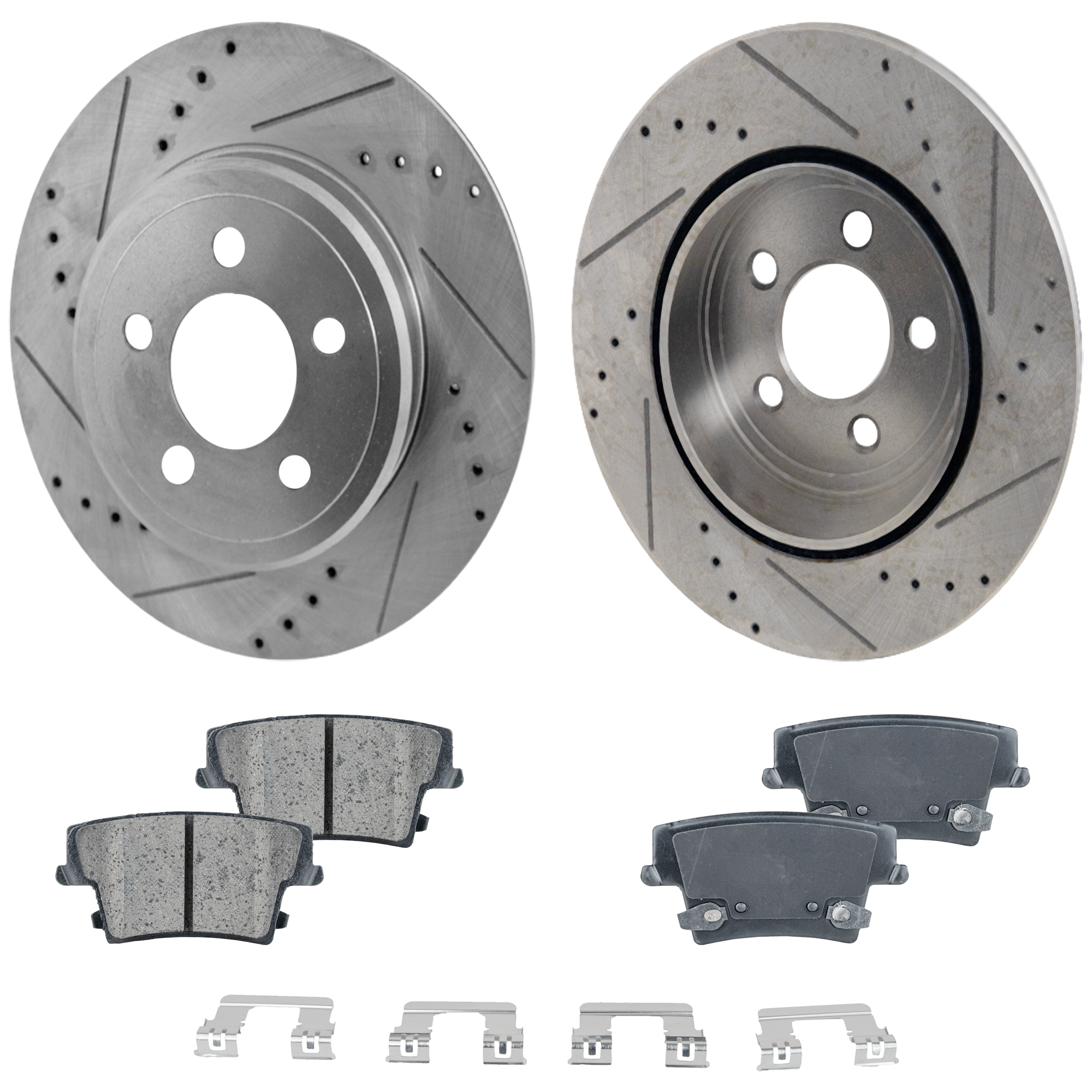AM CHRYSLER 300-05-20 CHARGER 06-20 REAR BRAKE DISC AND PAD KIT 2 Wheel Set Cross drilled and Slotted Ceramic SKU KIT 032523-08 OEM 27355-53024-145568-780257-7810